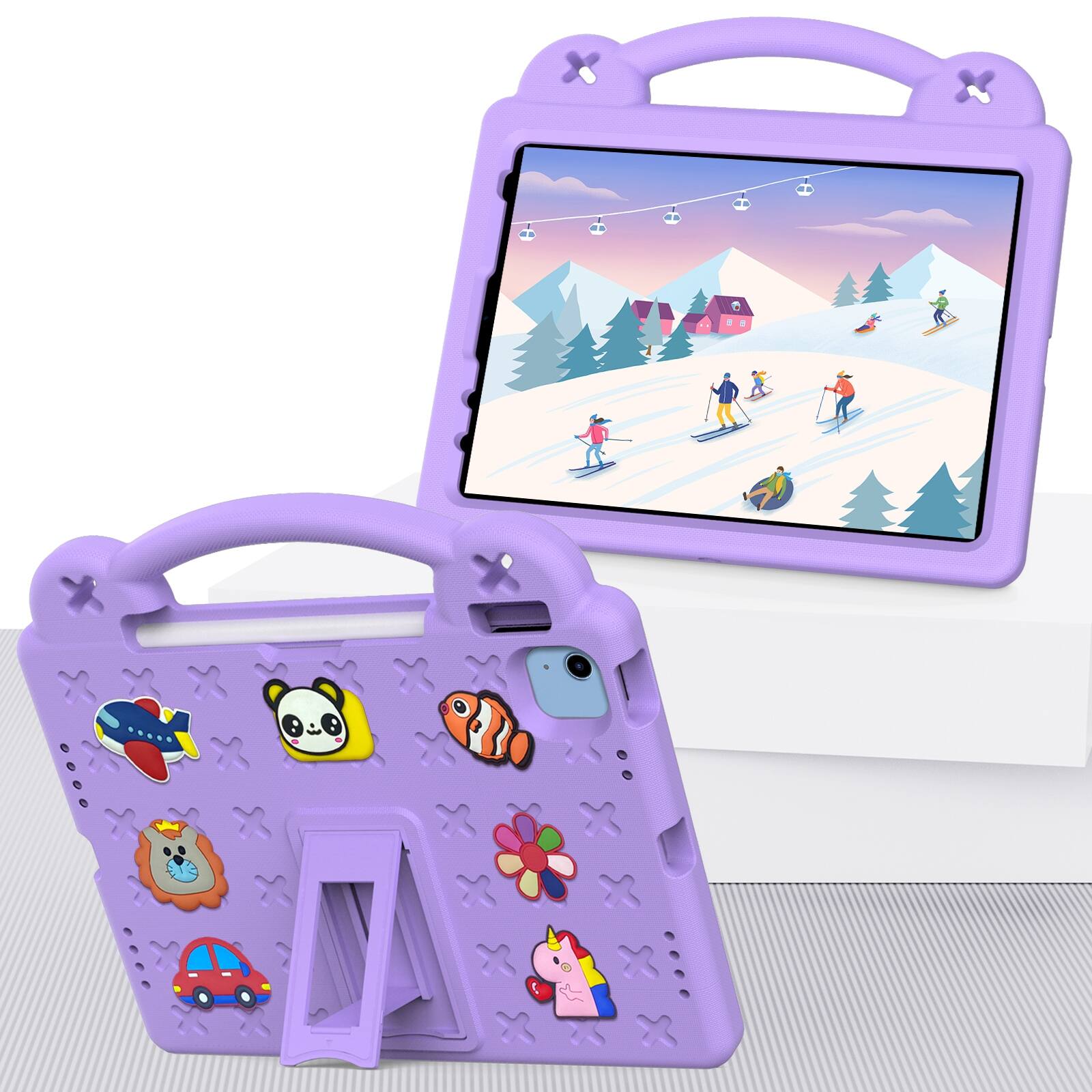 Angle. UUCOVER - Kids Case for iPad (A16) 11-inch 2025 /iPad 10th Gen 10.9" 2022,Shockproof EVA Case Handle Adjustable Stand Cover - Purple.