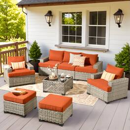Ovios - 8 PCS Patio Furniture, Wicker Sofa with Coffee Table, High Back Armchair with Ottoman for Garden - Orange Red