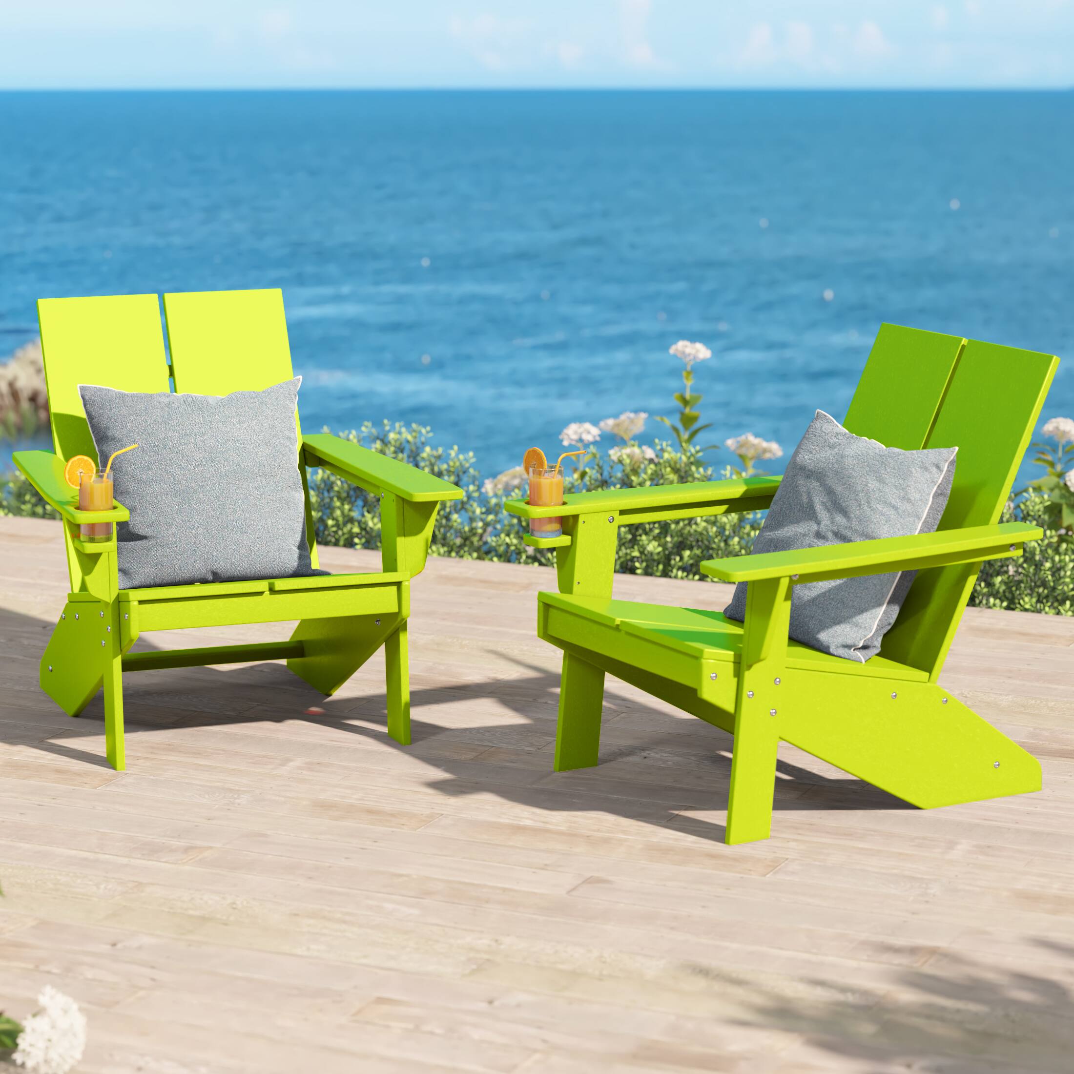 Angle. WestinTrends - WestinTrends Riviera Outdoor HDPE Modern Adirondack Chair with Cup Holder (Set of 2) - Lime.