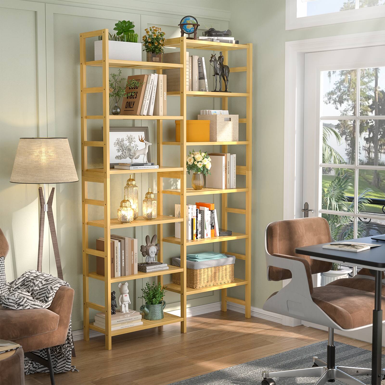 Aheaplus - Bamboo Double Wide Bookshelf, 6-Tier Bookshelf with12 Open Shelves - Nature