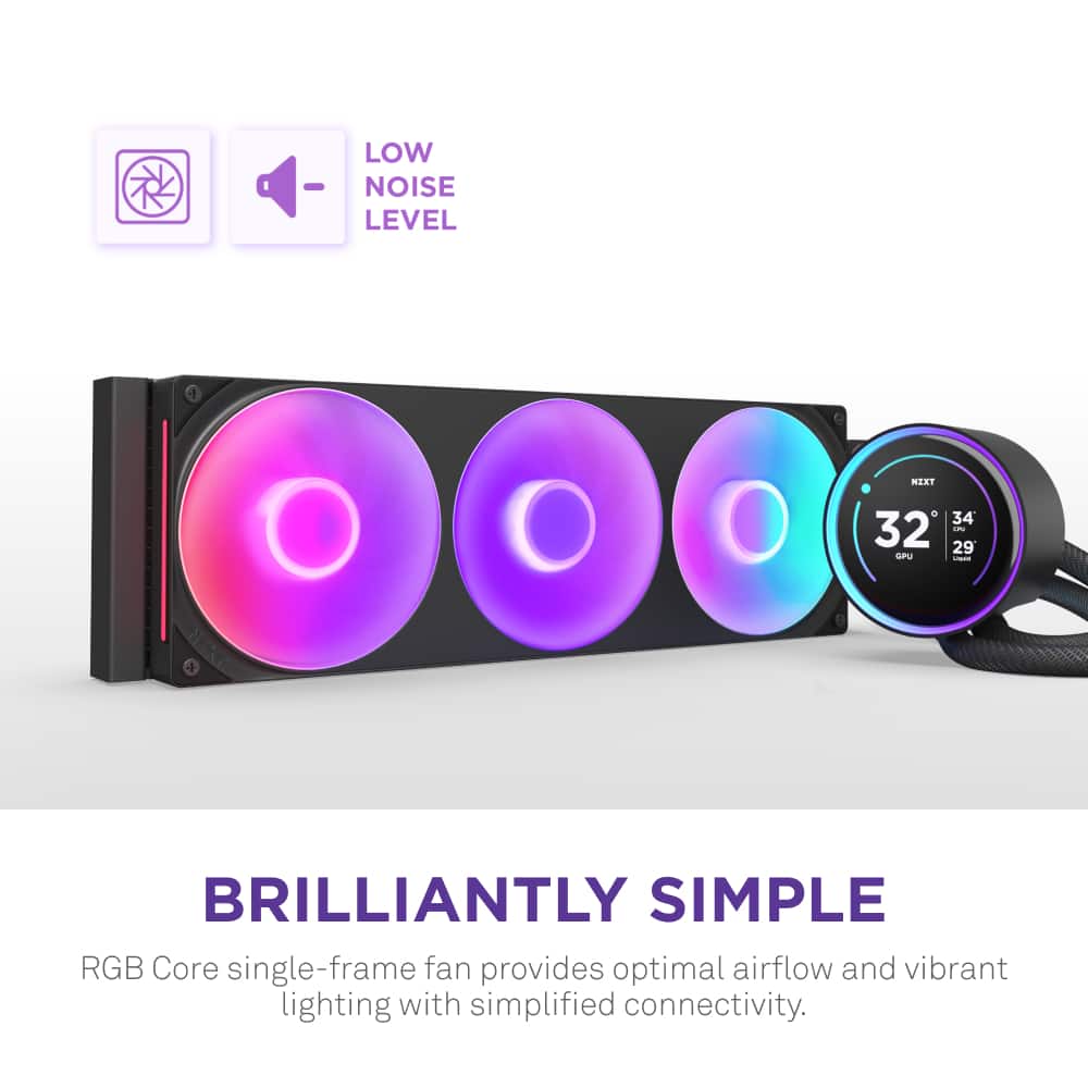 The text on the image reads: "BRILLIANTLY SIMPLE RGB Core single-frame fan provides optimal airflow and vibrant lighting with simplified connectivity. Low noise level. Next a 34 32 29 i GRU."