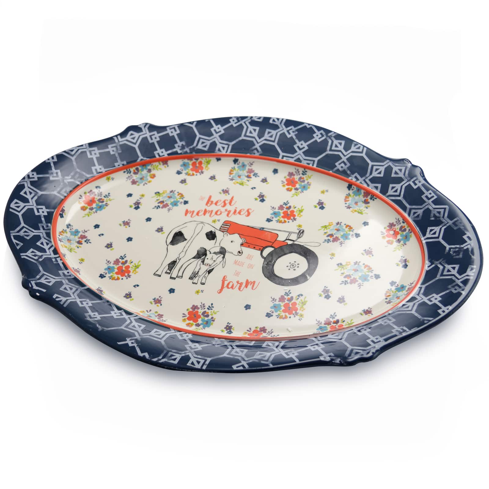 Urban Market - Life on the Farm 18.5 Inch Oval Ceramic Serving Platter in Floral Farm Pattern - Multi
