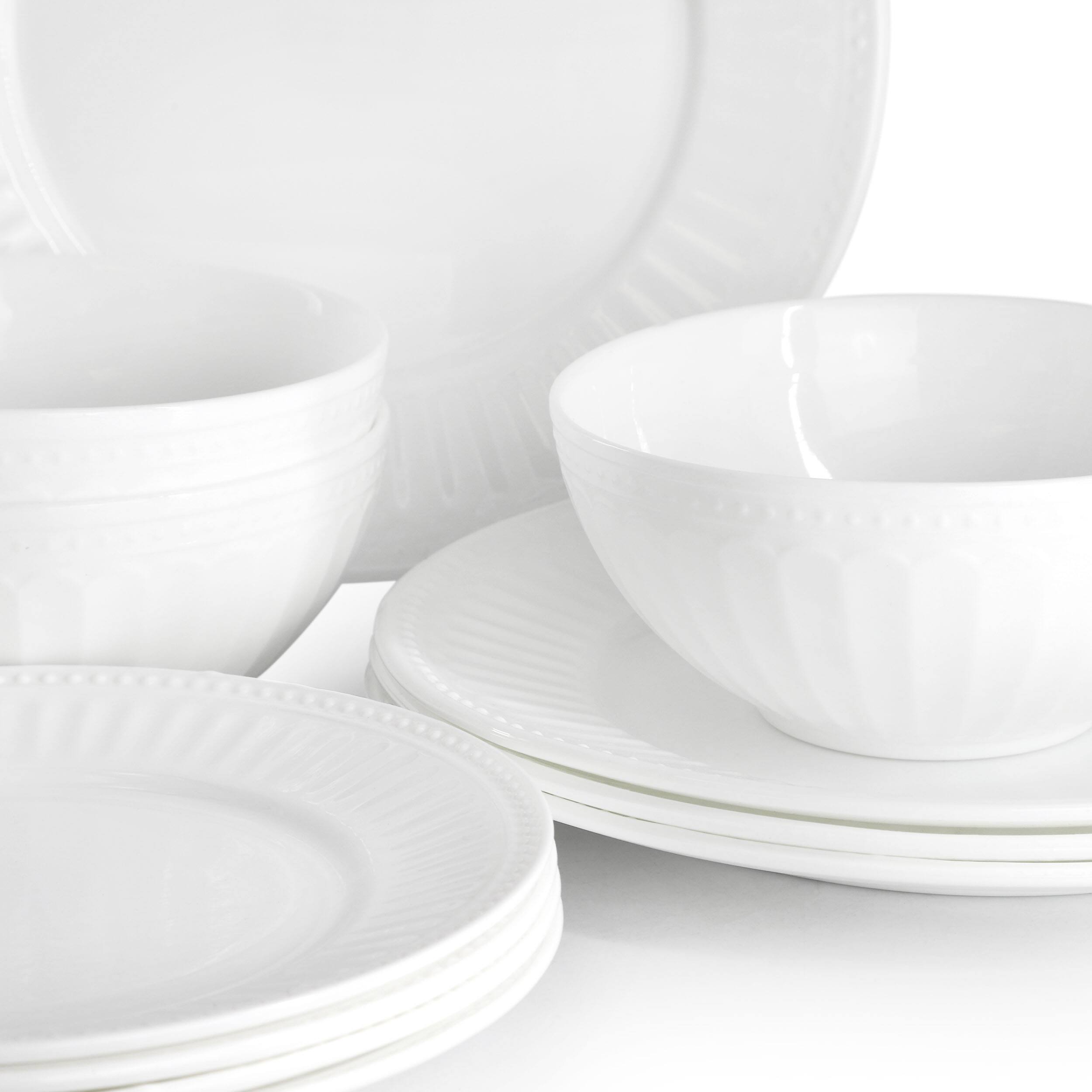 Alt View 4. Gibson - Ultra by Gibson Swanton Arch 12 Piece Break Resistant Opal Glass Dinnerware Set in White - White.