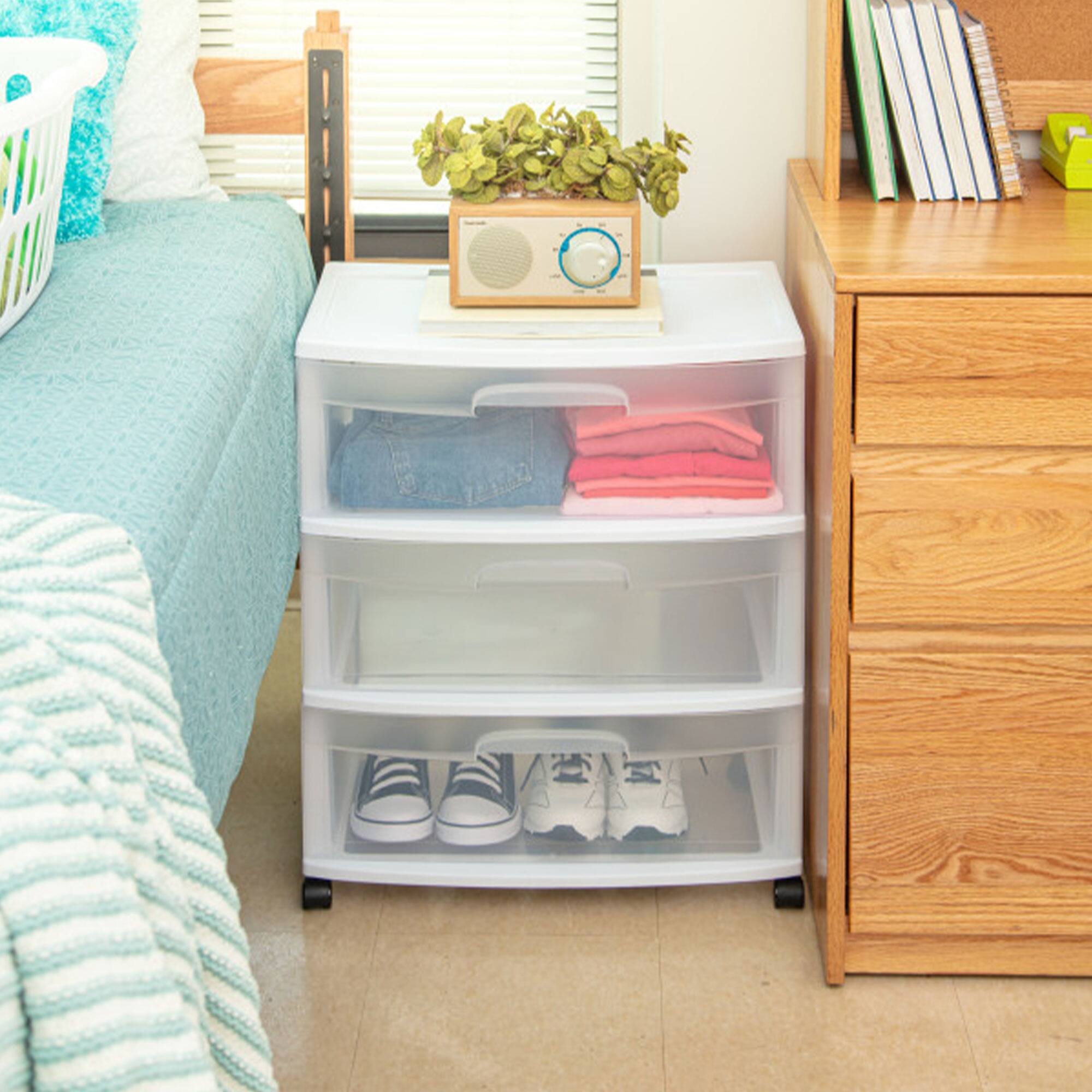 Sterilite Wide 3 Drawer Rolling Storage Cart Container with