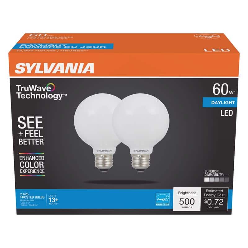Sylvania - TruWave G25 E26 (Medium) LED Bulb Daylight 60 Watt Equivalence 2 pk