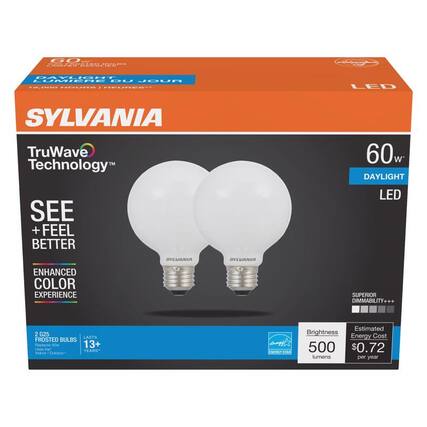 SYLVANIA
TruWave Technology™
DAYLIGHT LUMIÈRE DU JOUR
SEE + FEEL BETTER
ENHANCED COLOR EXPERIENCE
SUPERIOR DIMMABILITY+++
2 G25 FROSTED BULBS
LASTS 13+ YEARS
Brightness 500 lumens
Estimated Energy Cost $0.72 per year
60w DAYLIGHT LED
ENERGY STAR