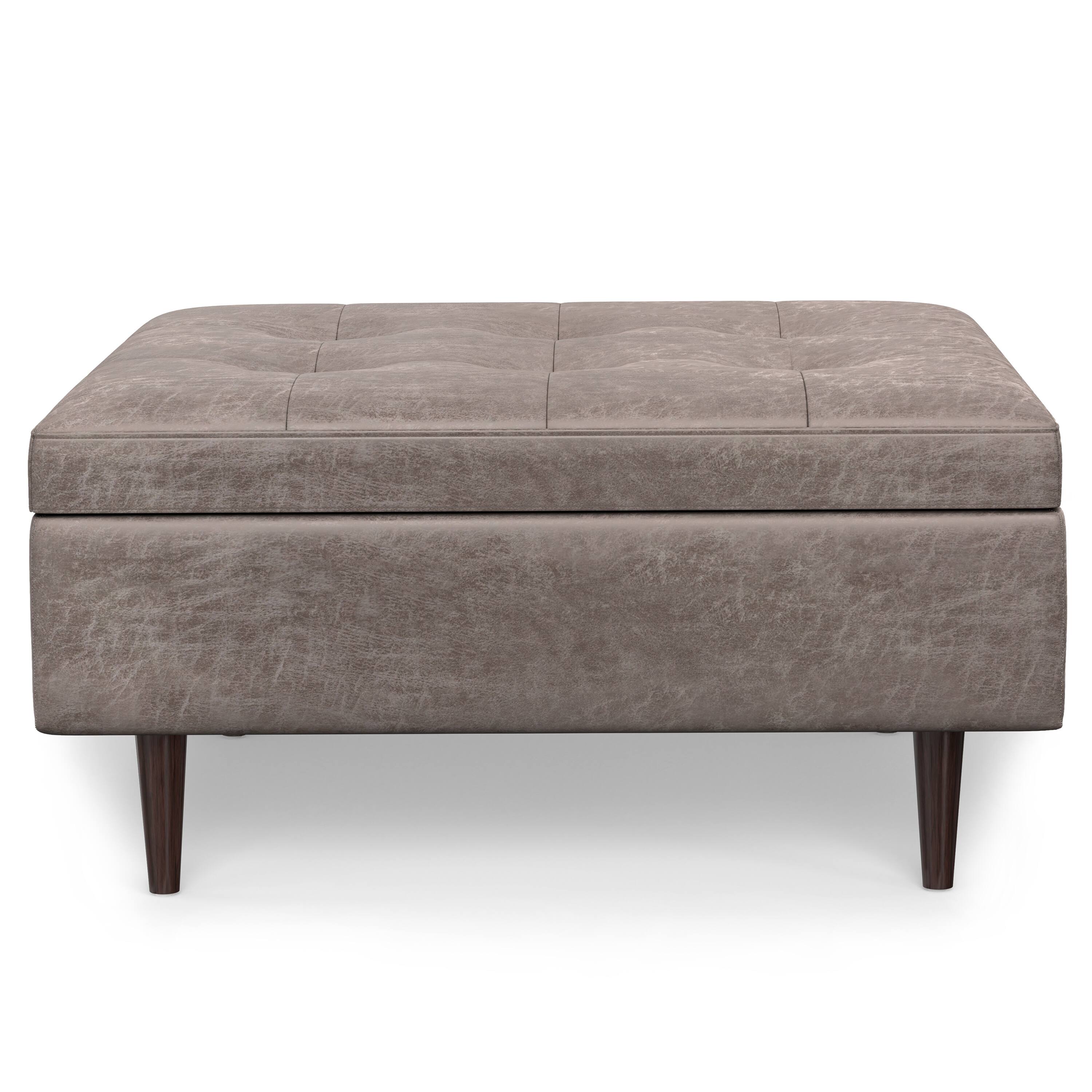 Left. Simpli Home - Shay 38 inch Wide Mid Century Modern Large Storage Ottoman in Distressed Grey Taupe Vegan Faux Leather, Assembled - Distressed Grey Taupe.