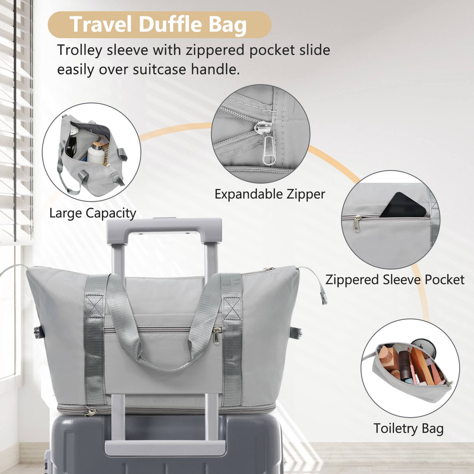 Travel Duffle Bag

- Trolley sleeve with zippered pocket slide easily over suitcase handle.
- Large Capacity
- Expandable Zipper
- Zippered Sleeve Pocket
- Toiletry Bag