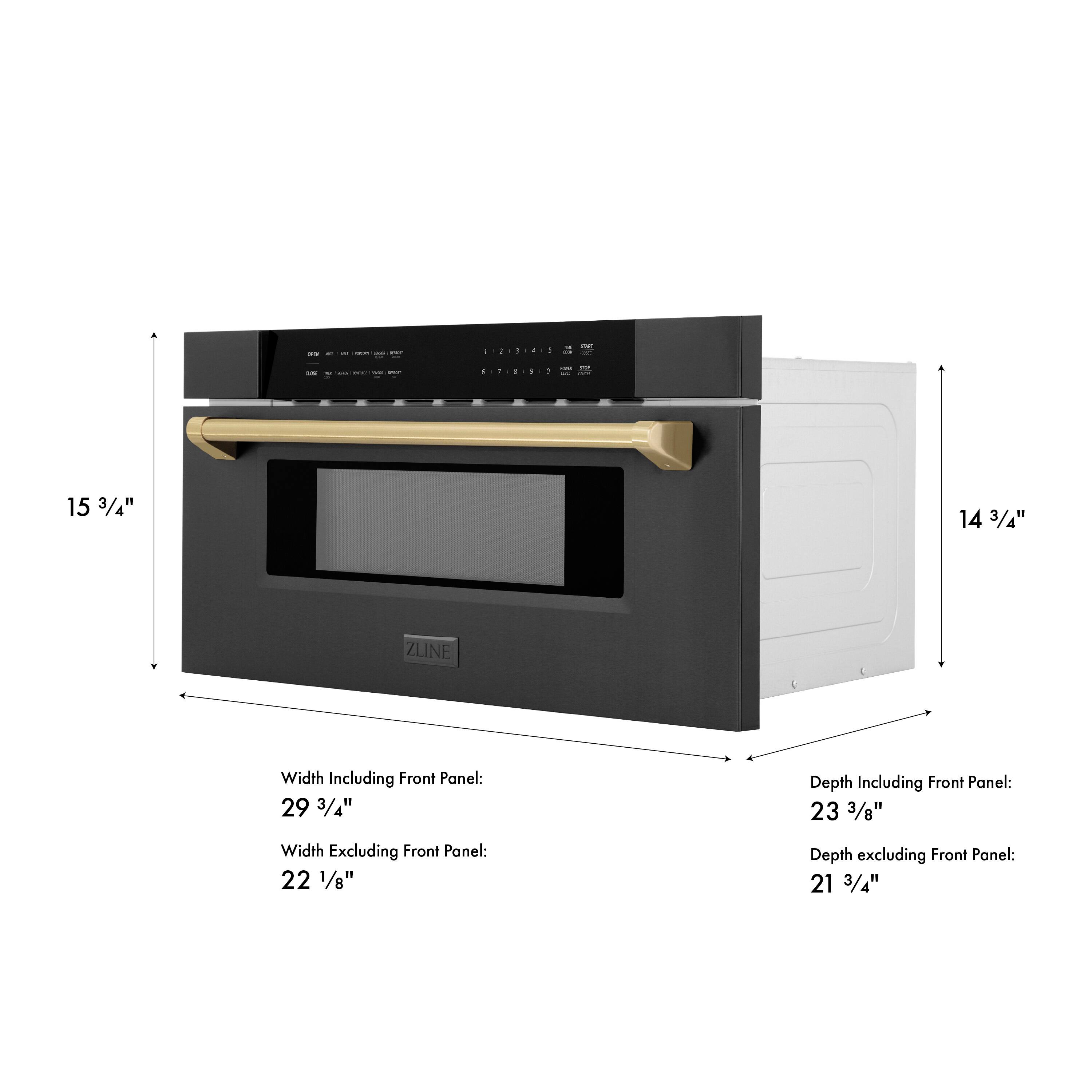 1. - I 15 3/4" 14 3/4" ZLINE  
Width Including Front Panel: 29 3/4"  
Depth Including Front Panel: 23 3/8"  
Width Excluding Front Panel: 22 1/8"  
Depth excluding Front Panel: 21 3/4"