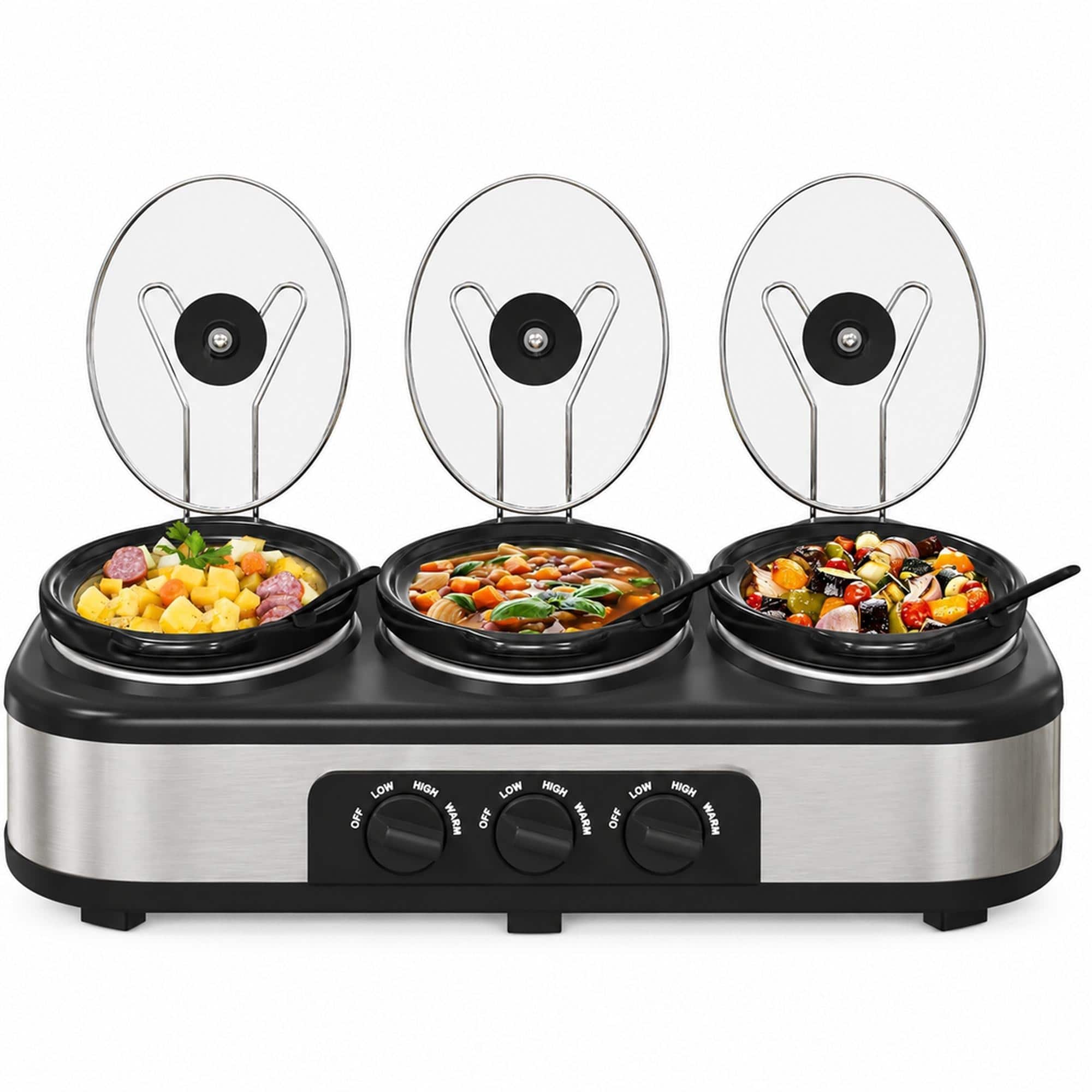 RYHNUYNE - Triple Slow Cooker Buffet Set, 3 x 1.5 QT Ceramic Pots, 3 Temperature Settings, Dishwasher-Safe Lids and Spoons - Silver