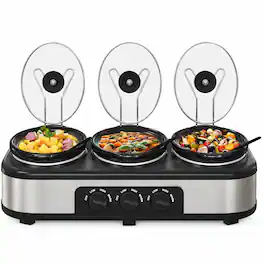 RYHNUYNE - Triple Slow Cooker Buffet Set, 3 x 1.5 QT Ceramic Pots, 3 Temperature Settings, Dishwasher-Safe Lids and Spoons - Silver