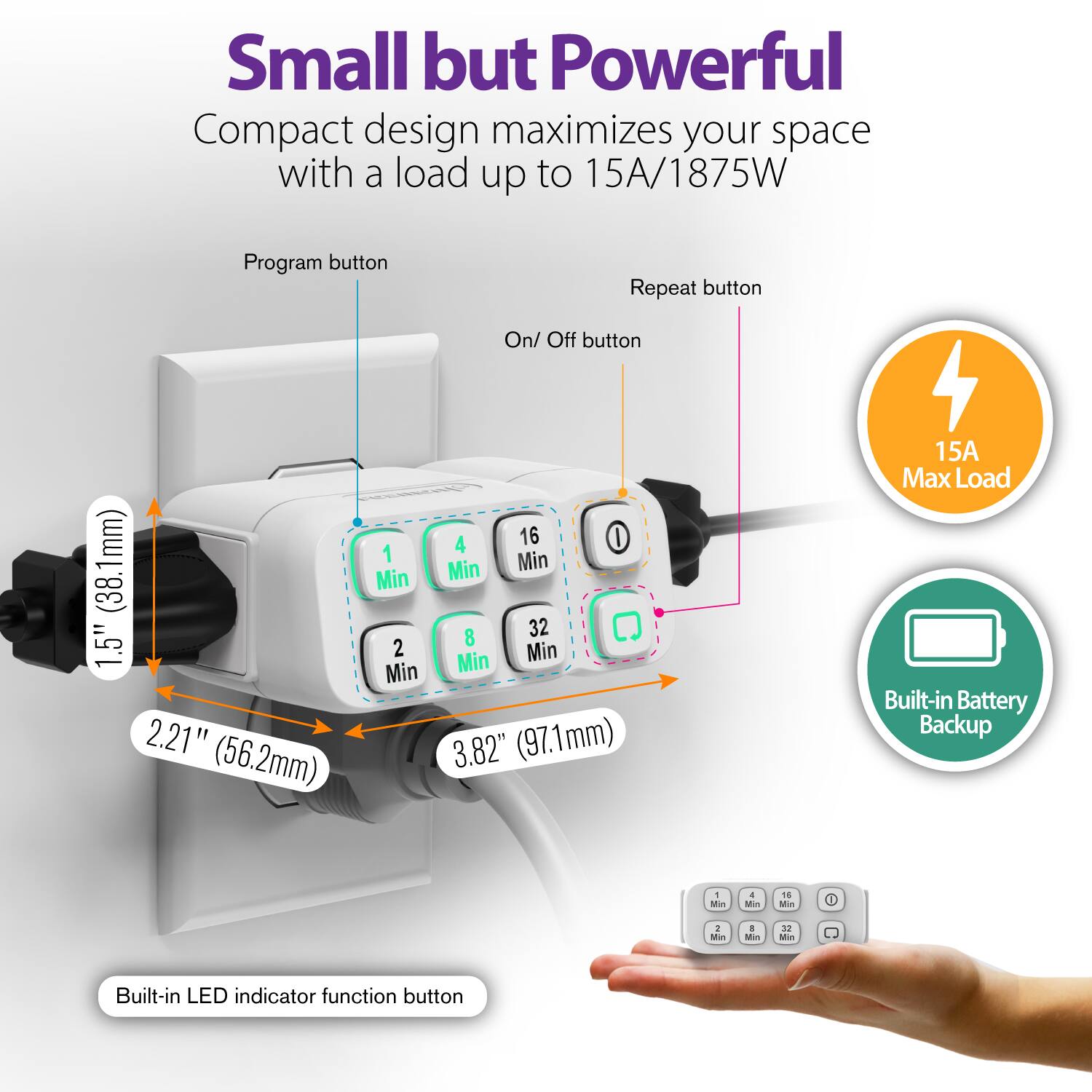 Small but Powerful
Compact design maximizes your space with a load up to 15A/1875W
Program button
Repeat button
On/ Off button
1.5" (38.1mm)
2.21" (56.2mm)
3.82" (97.1mm)
15A Max Load
Built-in Battery Backup
Built-in LED indicator function button
1 Min
2 Min
4 Min
16 Min
8 Min
32 Min
