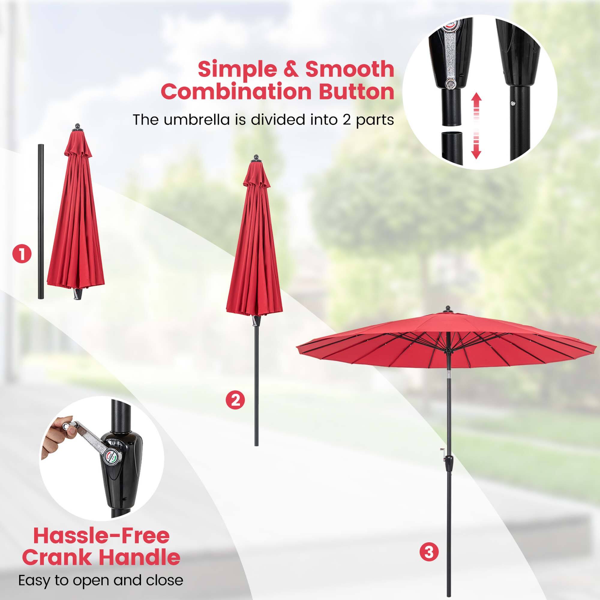 The image features a red umbrella that is divided into two parts, with a simple and smooth combination button. The umbrella also comes with a hassle-free crank handle, making it easy to open and close.