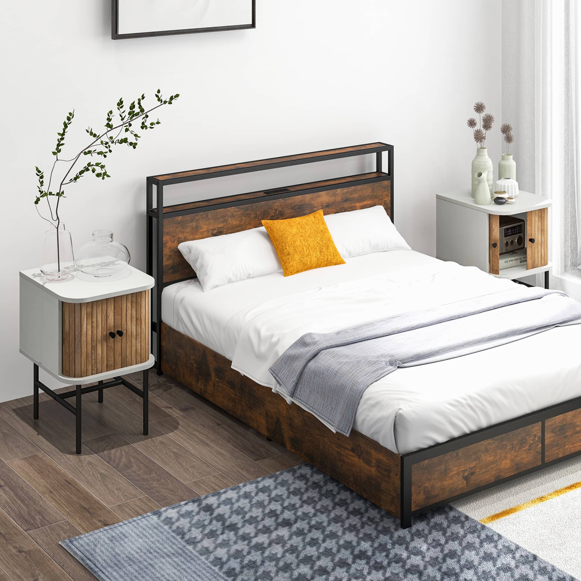 Left. Costway - Sliding Door Nightstand Mid-century Modern Storage End Table with Cabinet - Distressed White.