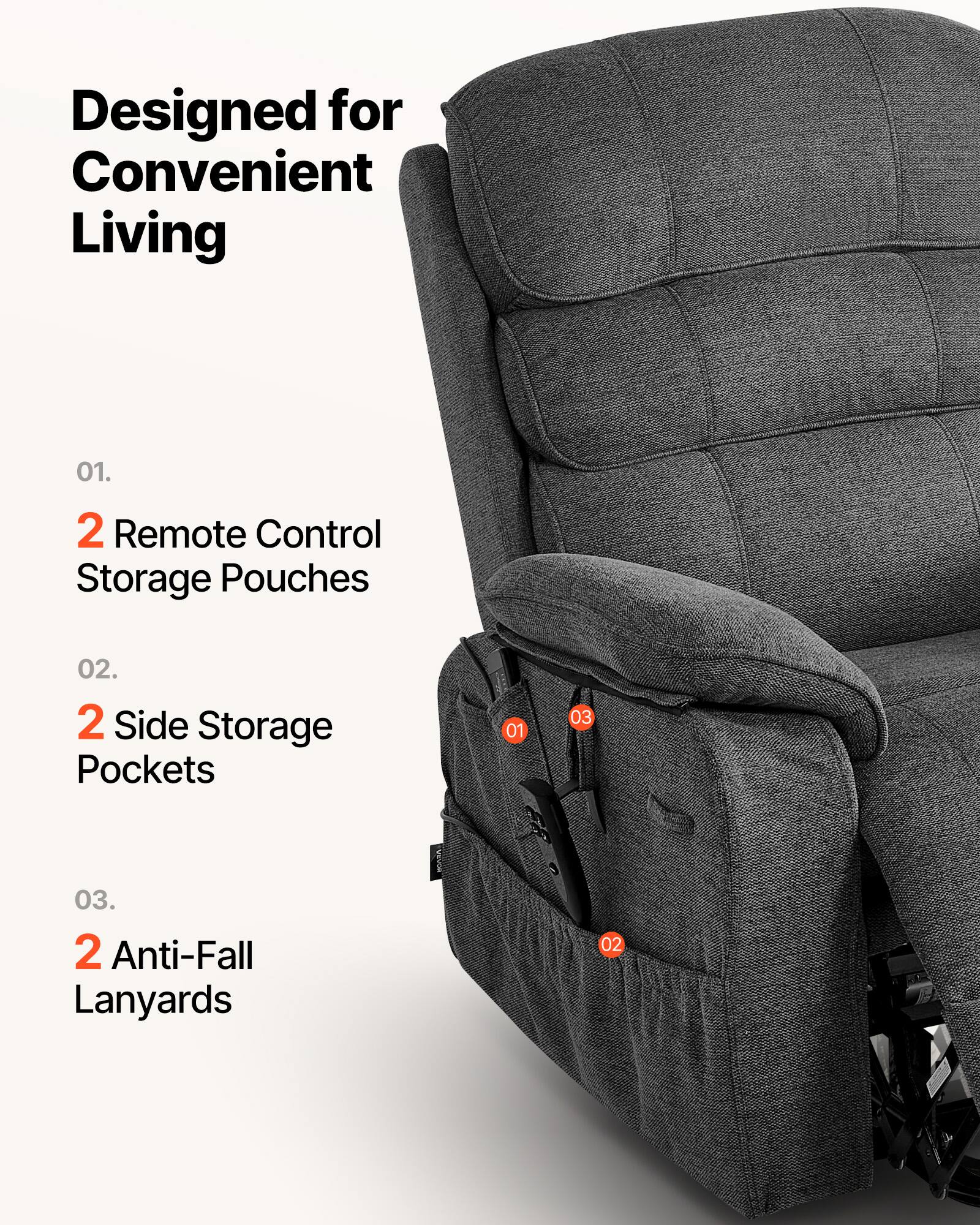 Designed for Convenient Living

01. 2 Remote Control Storage Pouches  
02. 2 Side Storage Pockets  
03. 2 Anti-Fall Lanyards