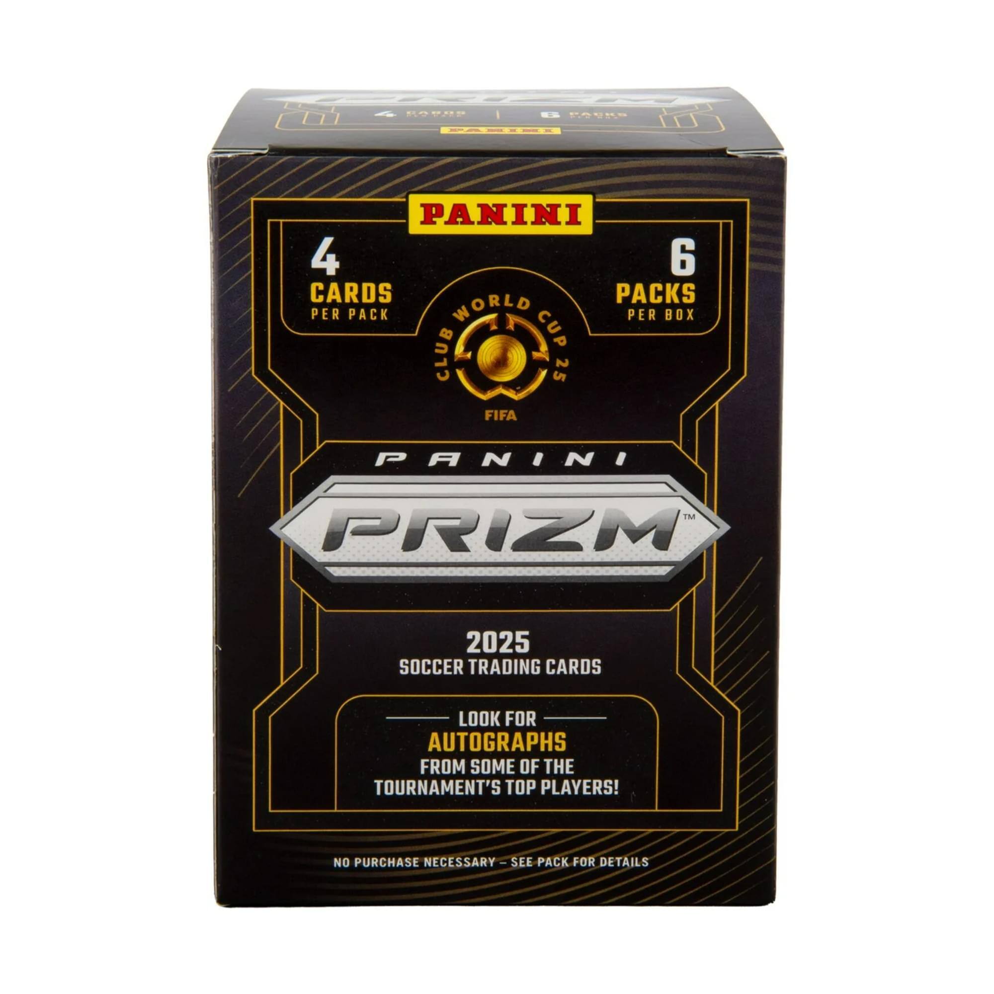PANINI  
PRIZM  
2025  
SOCCER TRADING CARDS  

4 CARDS PER PACK  
6 PACKS PER BOX  

LOOK FOR AUTOGRAPHS FROM SOME OF THE TOURNAMENT'S TOP PLAYERS!  

NO PURCHASE NECESSARY - SEE PACK FOR DETAILS
