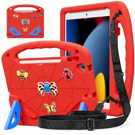UUCOVER - Kids Case for iPad 9th 8th 7th Generation 10.2-inch (2021/2020/2019) Shockproof EVA Handle Stand Cover+Shoulder Strap - Red/Blue