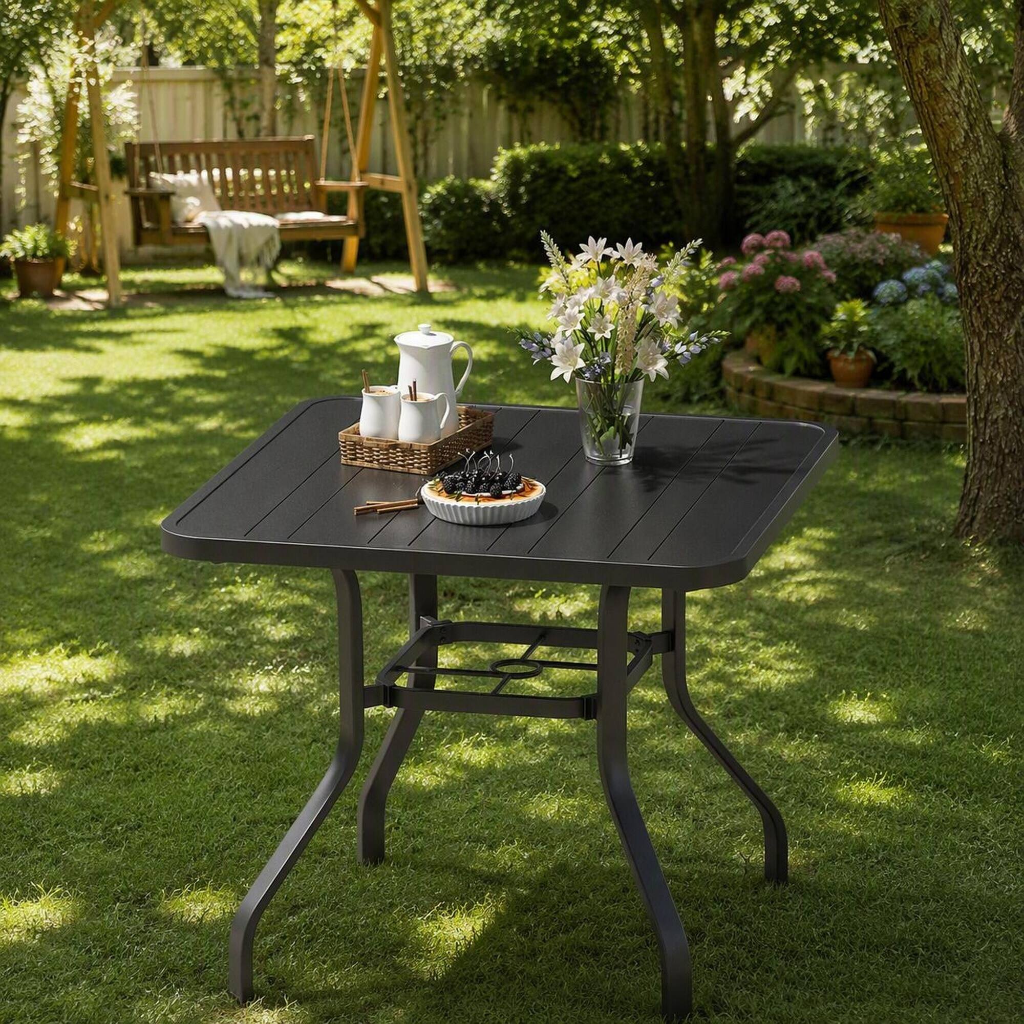 Alt View 2. RYHNUYNE - 35"Square Outdoor Dining Table,Outdoor Patio Table With Umbrella Hole for Garden Backyard Poolside - Black.