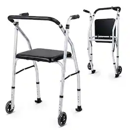 Costway - Folding Walker for Seniors, Lightweight Aluminum Mobility Walker with 2 Wheels - Silver