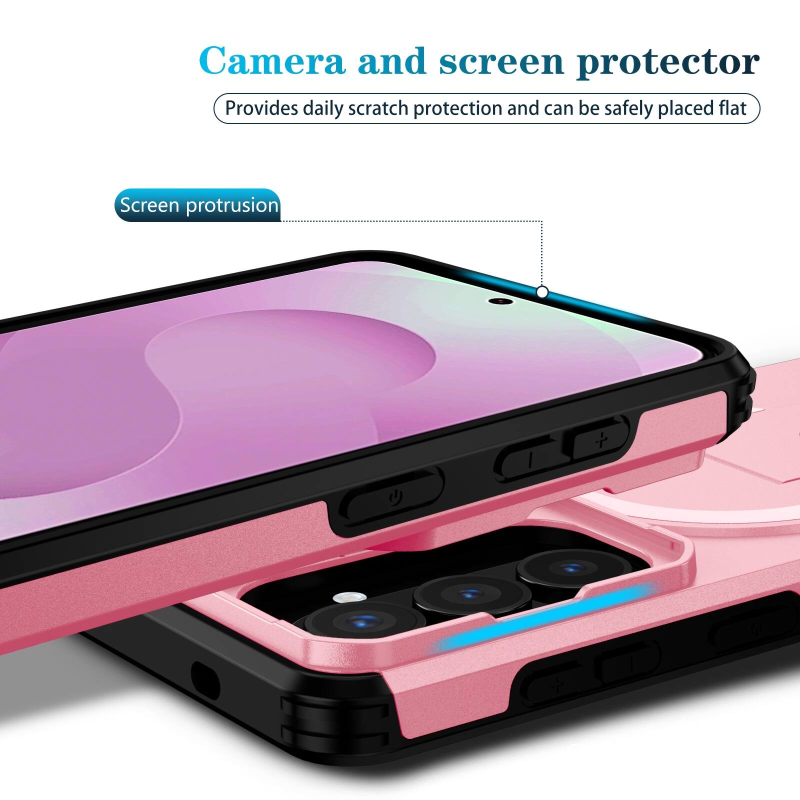 Camera and screen protector  
Provides daily scratch protection and can be safely placed flat  
Screen protrusion