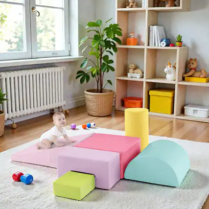 Front. BreeBe - 6-Piece Indoor Foam Climbing and Crawling Play Set with Rectangular Blocks - Macaron Multicolor.