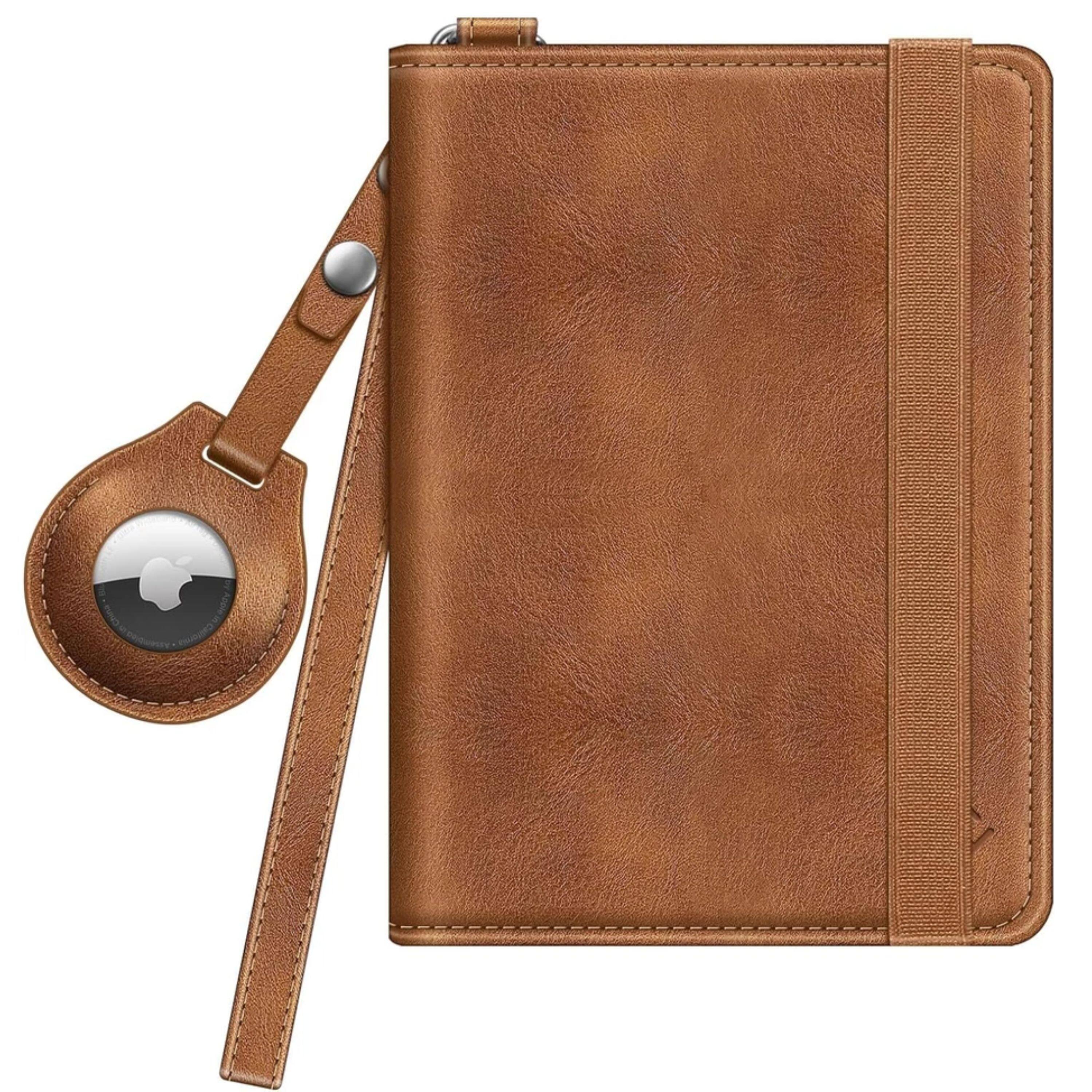 Front. Kitcheniva - Travel Passport Holder With RFID Protection Slim Card Wallet & AirTag Slot Brown - Brown.