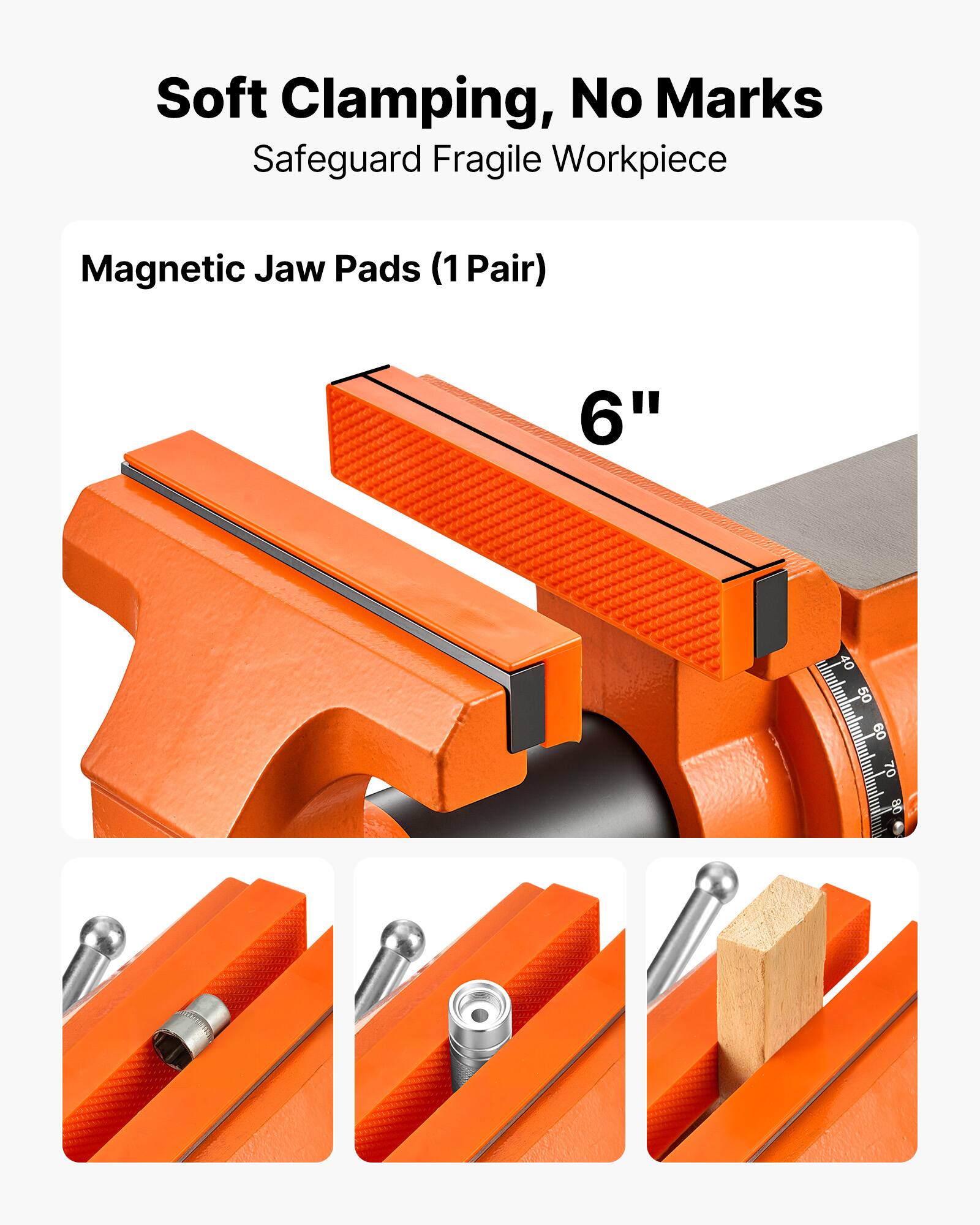 Soft Clamping, No Marks  
Safeguard Fragile Workpiece  

Magnetic Jaw Pads (1 Pair)  
6"
