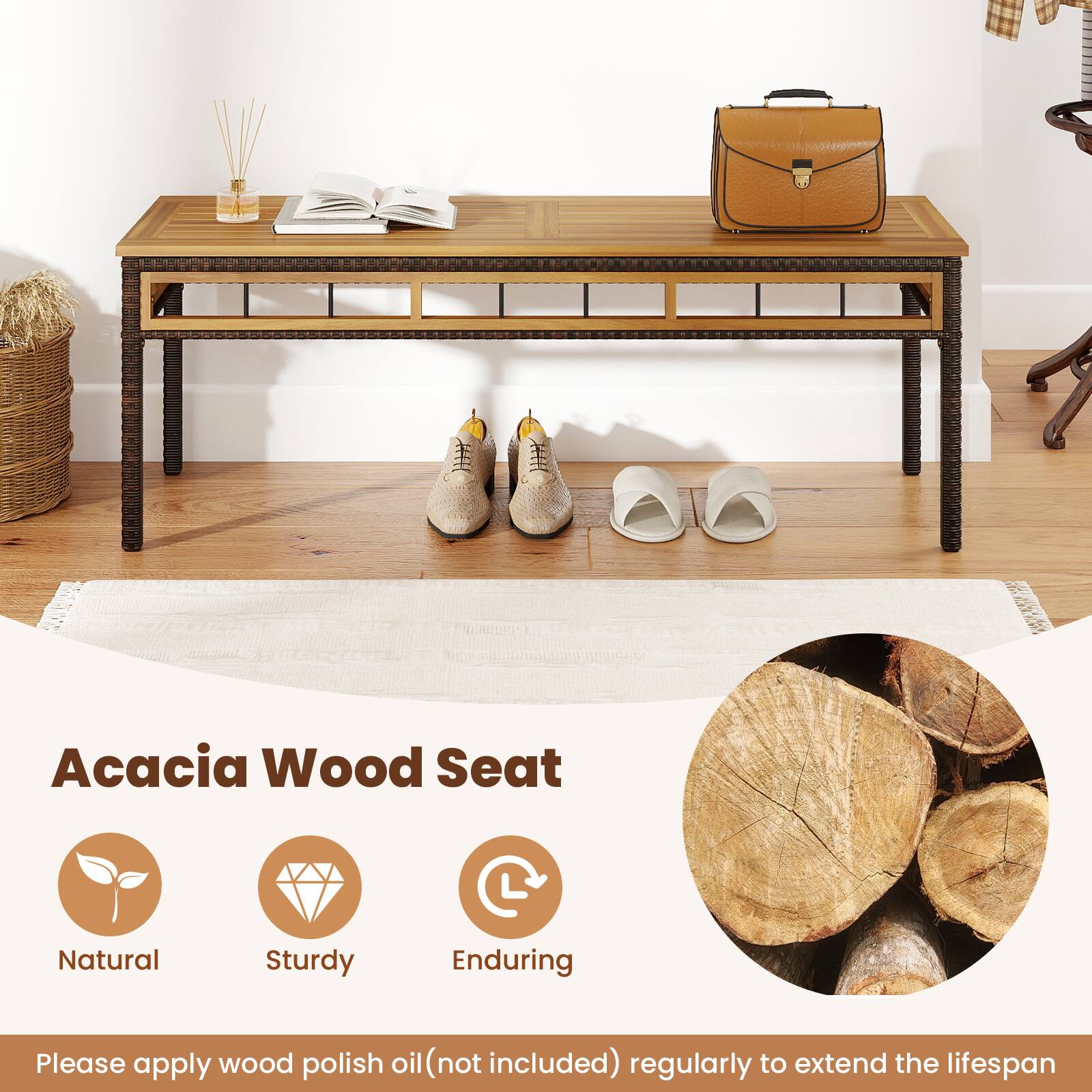 Acacia Wood Seat

Natural  
Sturdy  
Enduring  

Please apply wood polish oil (not included) regularly to extend the lifespan