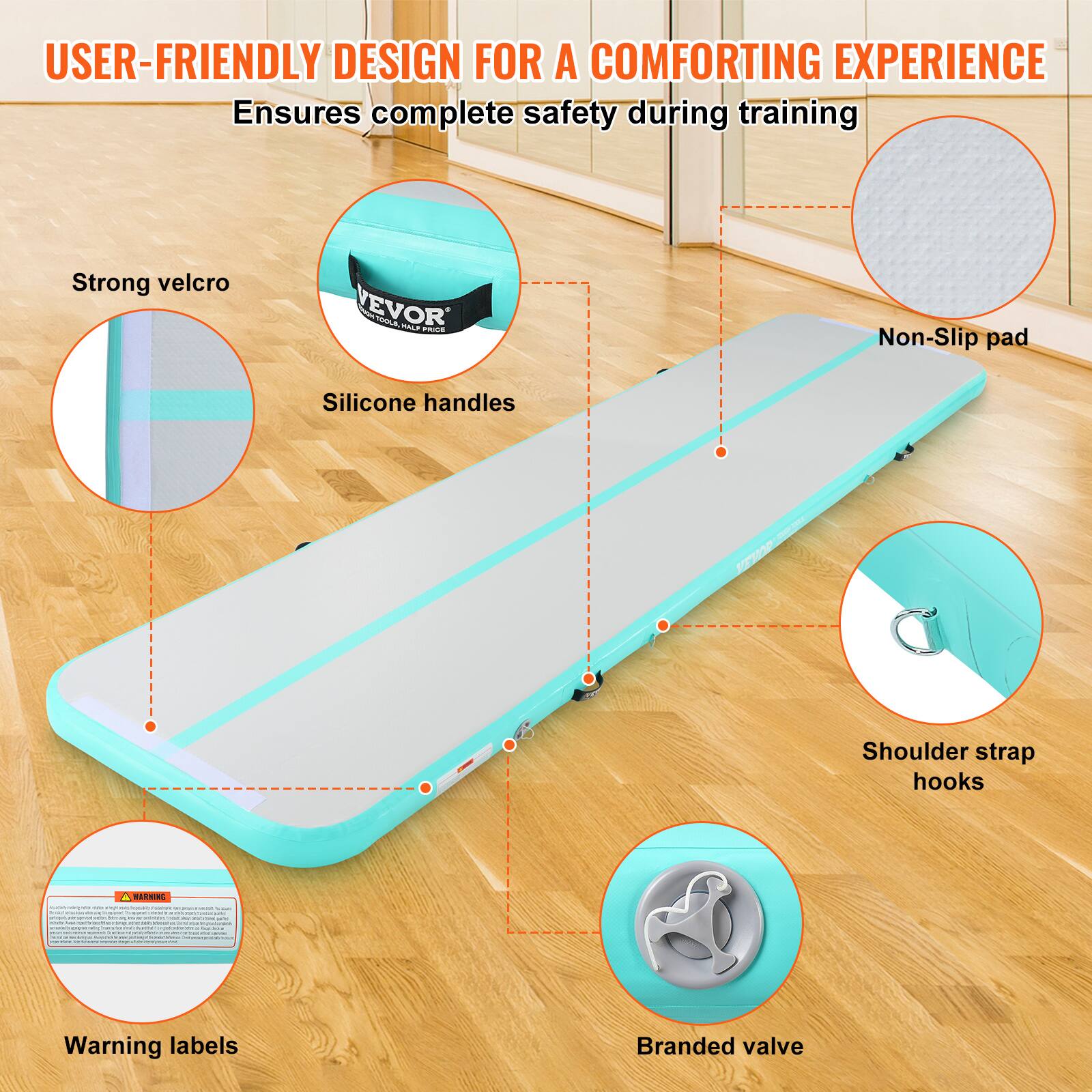 USER-FRIENDLY DESIGN FOR A COMFORTING EXPERIENCE
Ensures complete safety during training
Strong velcro
VEVOR COL SY.SOUT - -. - Non-Slip pad
Silicone handles
MEIP Shoulder strap hooks C..IT. - ee Warning labels
Branded valve