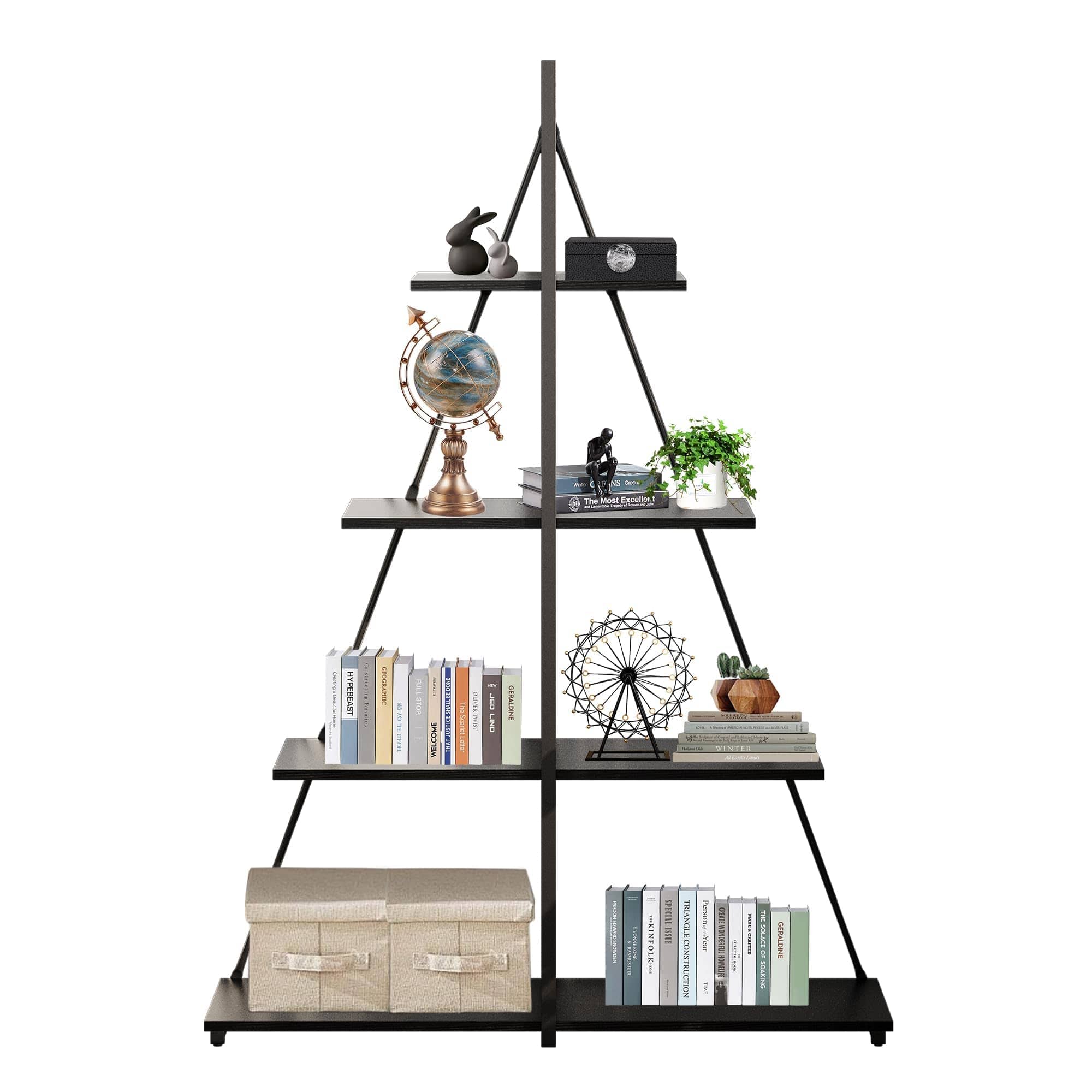 Jojoka - 4-Tier Ladder Bookshelf, A-Shaped Sailboat Style Bookcase, Metal Frame Freestanding Open Display Shelf - Black