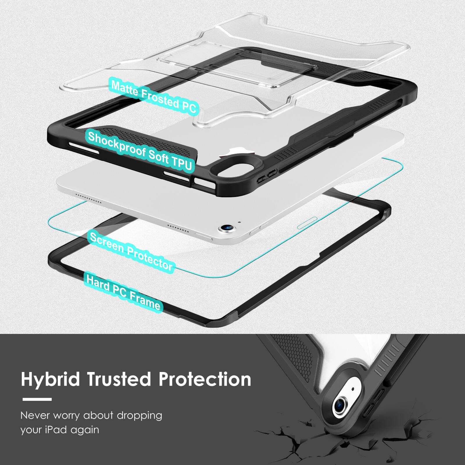 Matte Frosted PC  
Shockproof Soft TPU  
Screen Protector  
Hard PC Frame  

Hybrid Trusted Protection  
Never worry about dropping your iPad again