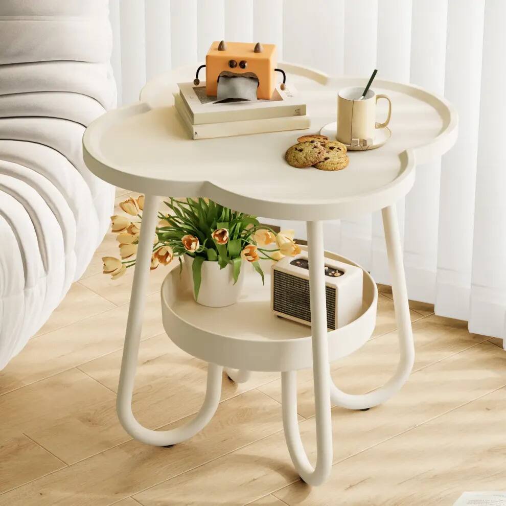 Angle. We Growing - End Table Flower Side Table Coffee Table with Rolling Base,End Table for Couch, 2-Tier Coffee Tables for Living Room,Be - WHITE.