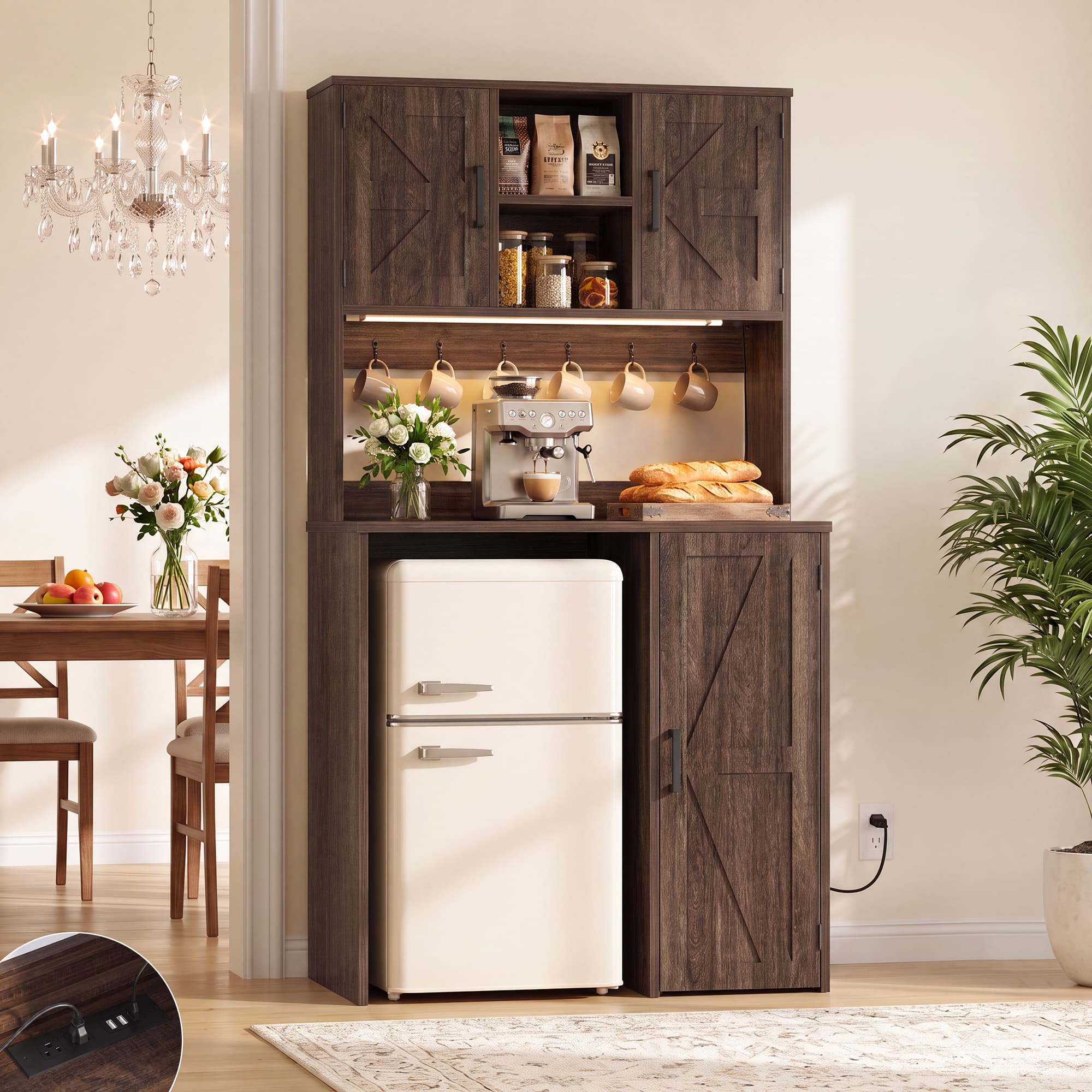 Aheaplus - Mini Fridge Coffee Bar Cabinet: with Outlet & LED Lights, Microwave Shelf, Beverage Station for Kitchen Dorm Office - Brown