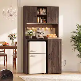 Aheaplus - Mini Fridge Coffee Bar Cabinet: with Outlet & LED Lights, Microwave Shelf, Beverage Station for Kitchen Dorm Office - Brown