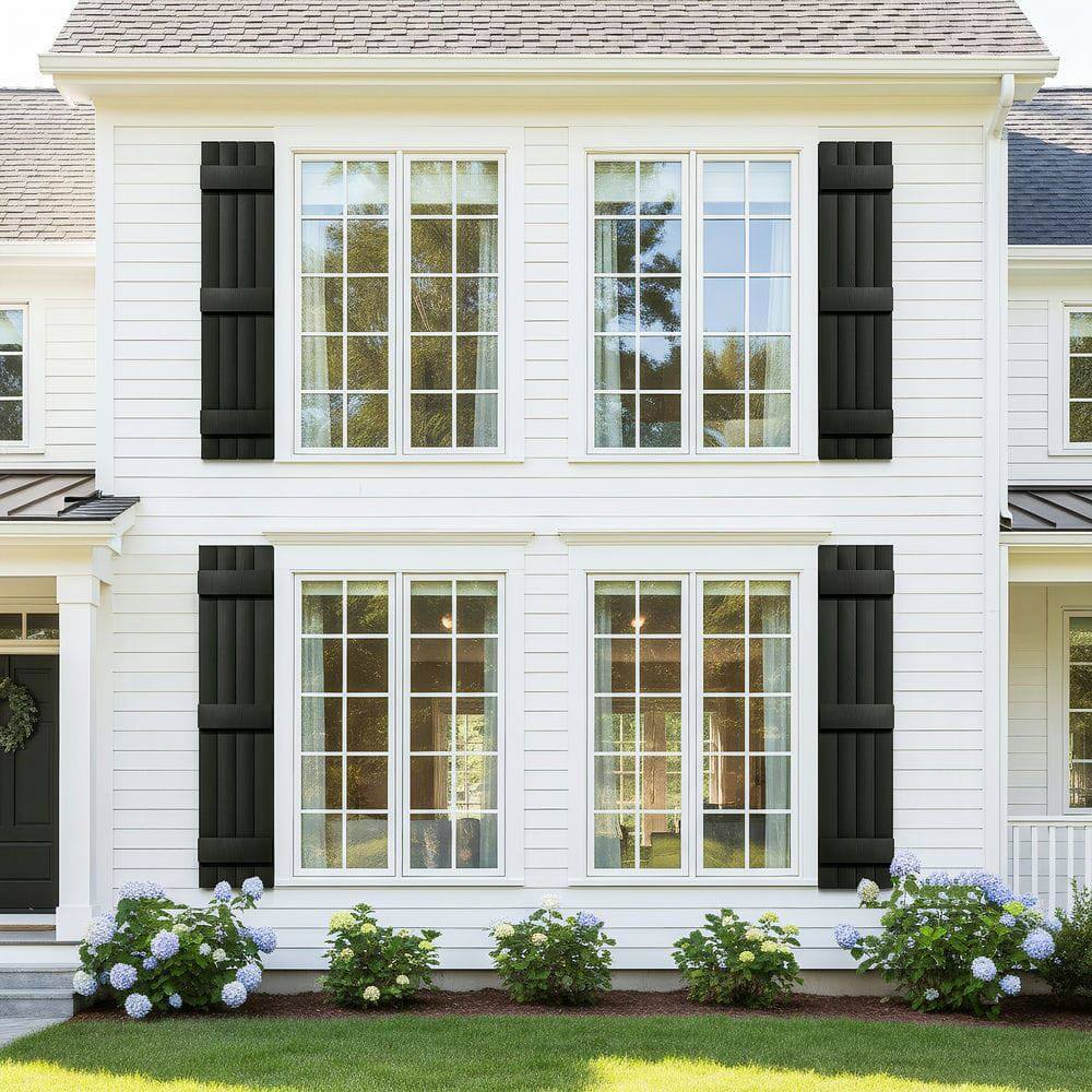 Left. Kadyn - Classic Board & Batten Faux Shutters with 3 Horizontal Bars for Timeless and Durable Exterior Elegance, 14"x59", Black - Black.