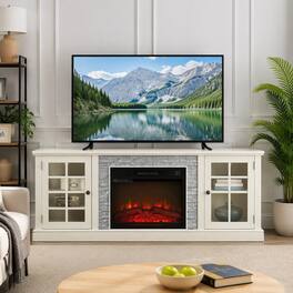 RYHNUYNE - 70-Inch Wide Media Console with 23-Inch Electric Fireplace, Faux Stone Accent, Dual Cabinets - White