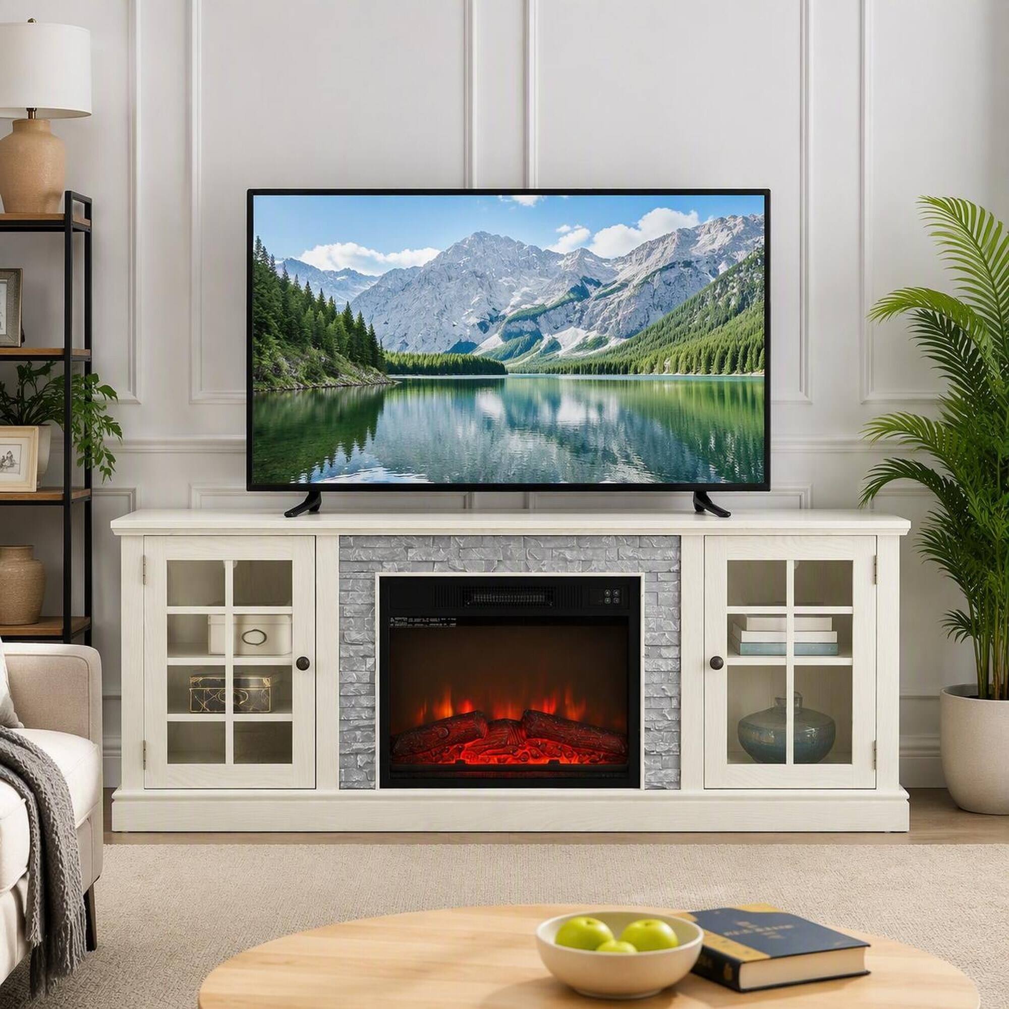 Front. RYHNUYNE - 70-Inch Wide White Media Console with 23-Inch Electric Fireplace, Faux Stone Accent, Dual Cabinets - White.