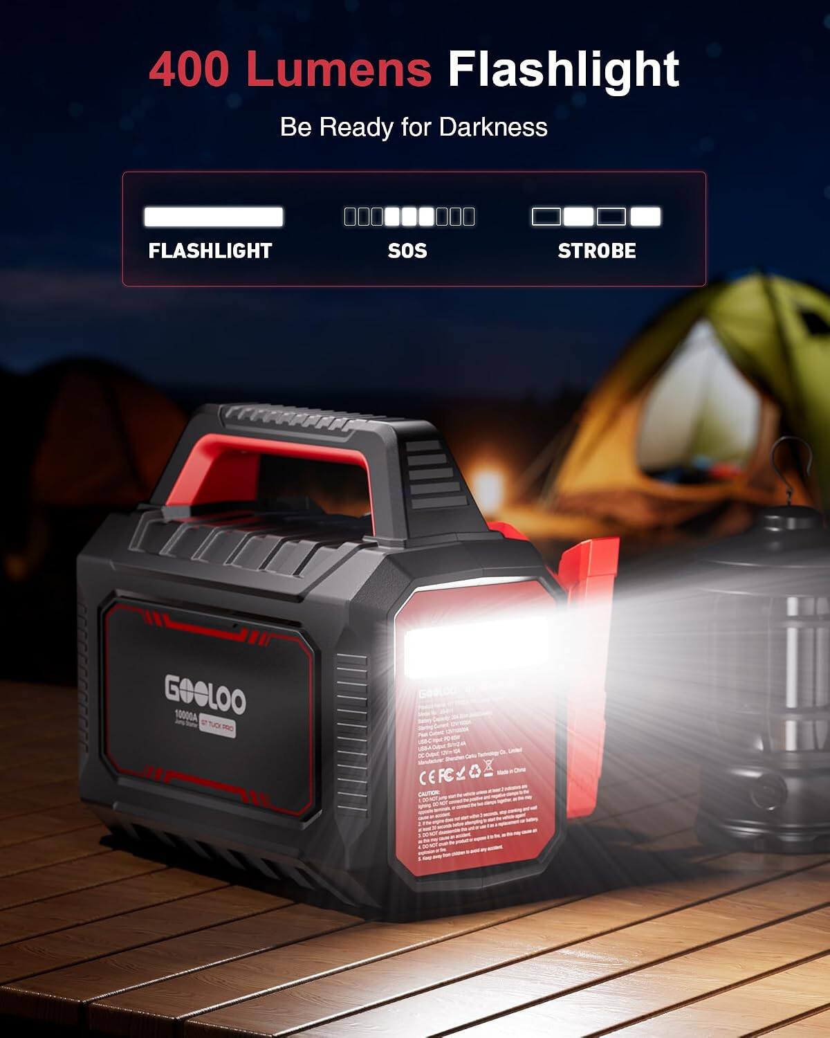 400 Lumens Flashlight  
Be Ready for Darkness  
FLASHLIGHT SOS STROBE  
GOOLOO 10000A  
CAUTION