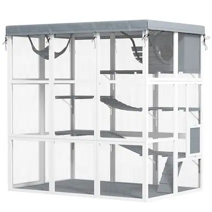 Front. Pawhut - Catio Outdoor Enclosure, Luxury, Hammock, Jump Platforms, Ladders, Ramps, Tarp, for 2-4 Large Cats, 71".