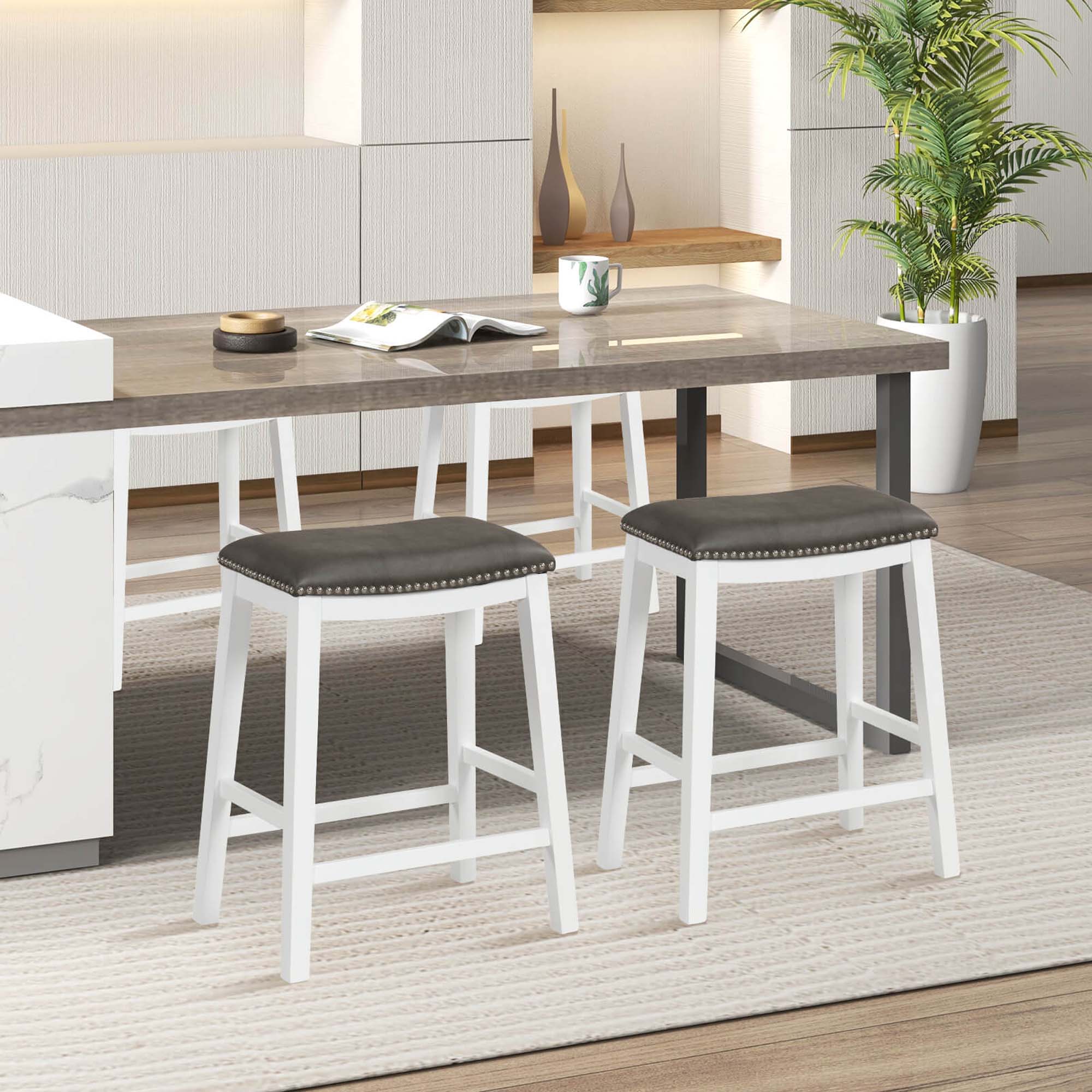 Alt View 4. Costway - 26-Inch Bar Stool Set of 2 Counter Height Saddle Stools with Upholstered Seat - Gray+White.
