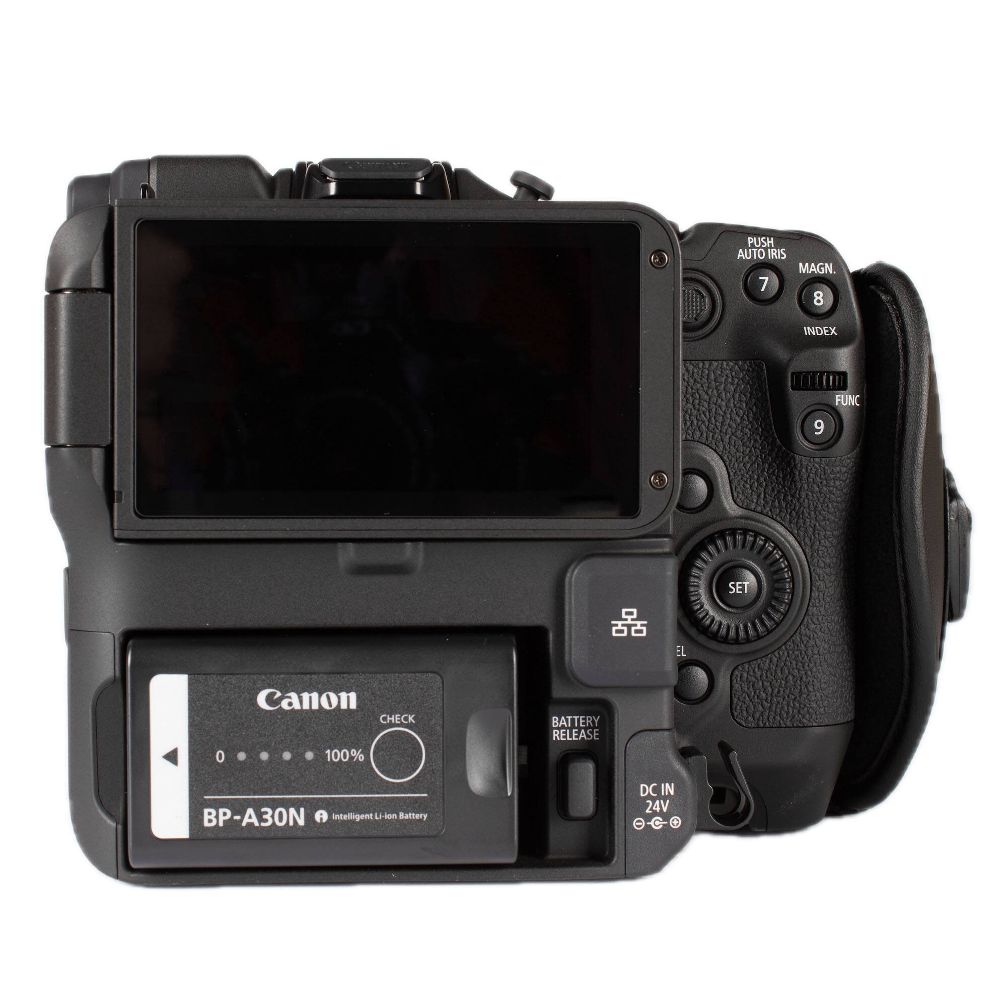 PUSH AUTO IRIS  
MAGN. 7 8  
INDEX  
FUNC 6  
SET  
Canon  
CHECK 0 100%  
BP-A30N  
Intelligent Li-ion Battery  
DC IN 24V  
BATTERY RELEASE