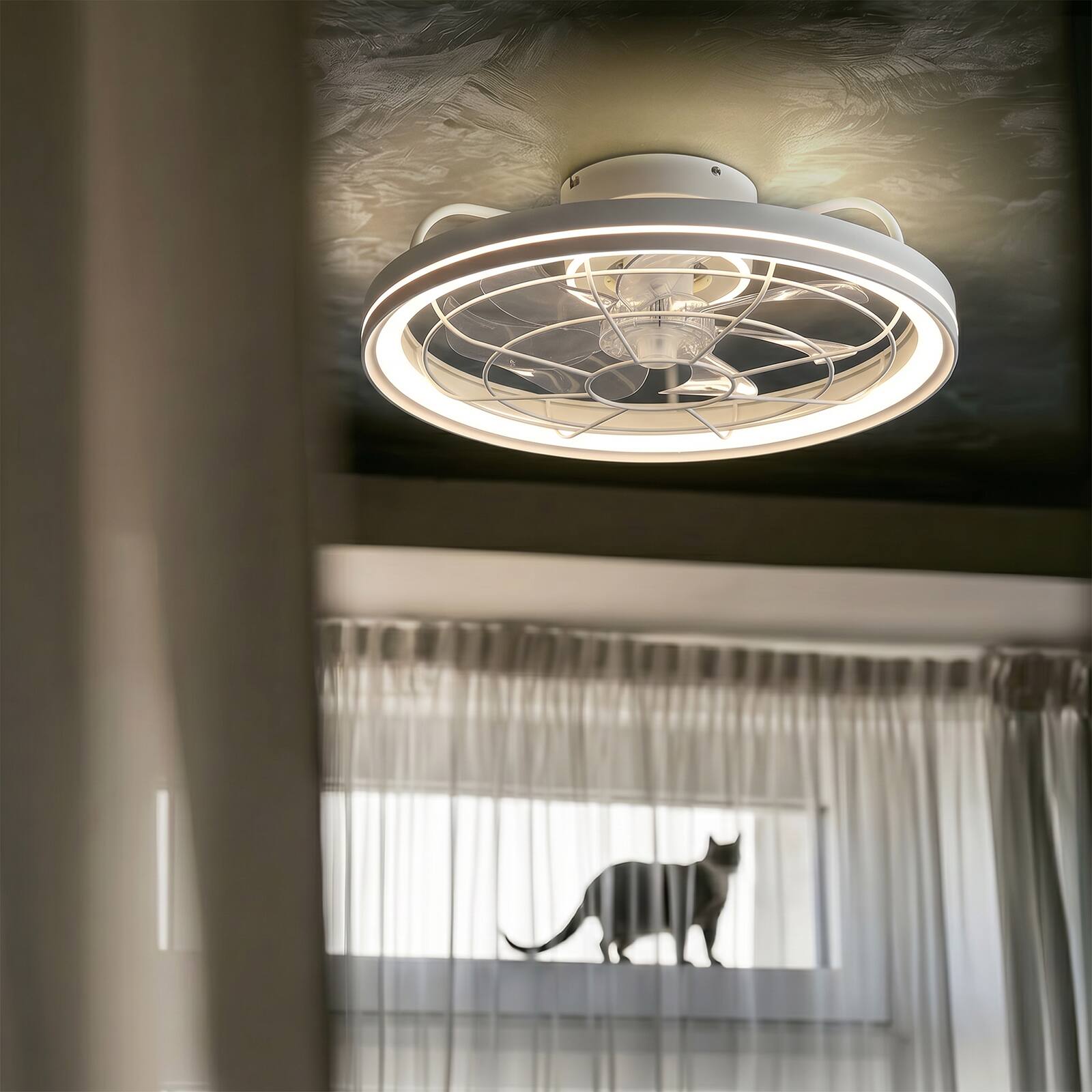 Angle. Siljoy - 19 Inch Farmhouse White Caged Ceiling Fan Light with Dimmable Strip LED and Remote Control for Bedroom Living Room - White.