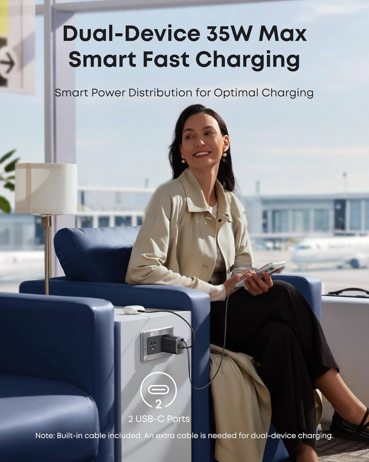 Dual-Device 35W Max Smart Fast Charging  
Smart Power Distribution for Optimal Charging  

2 USB-C Ports  

Note: Built-in cable included. An extra cable is needed for dual-device charging.