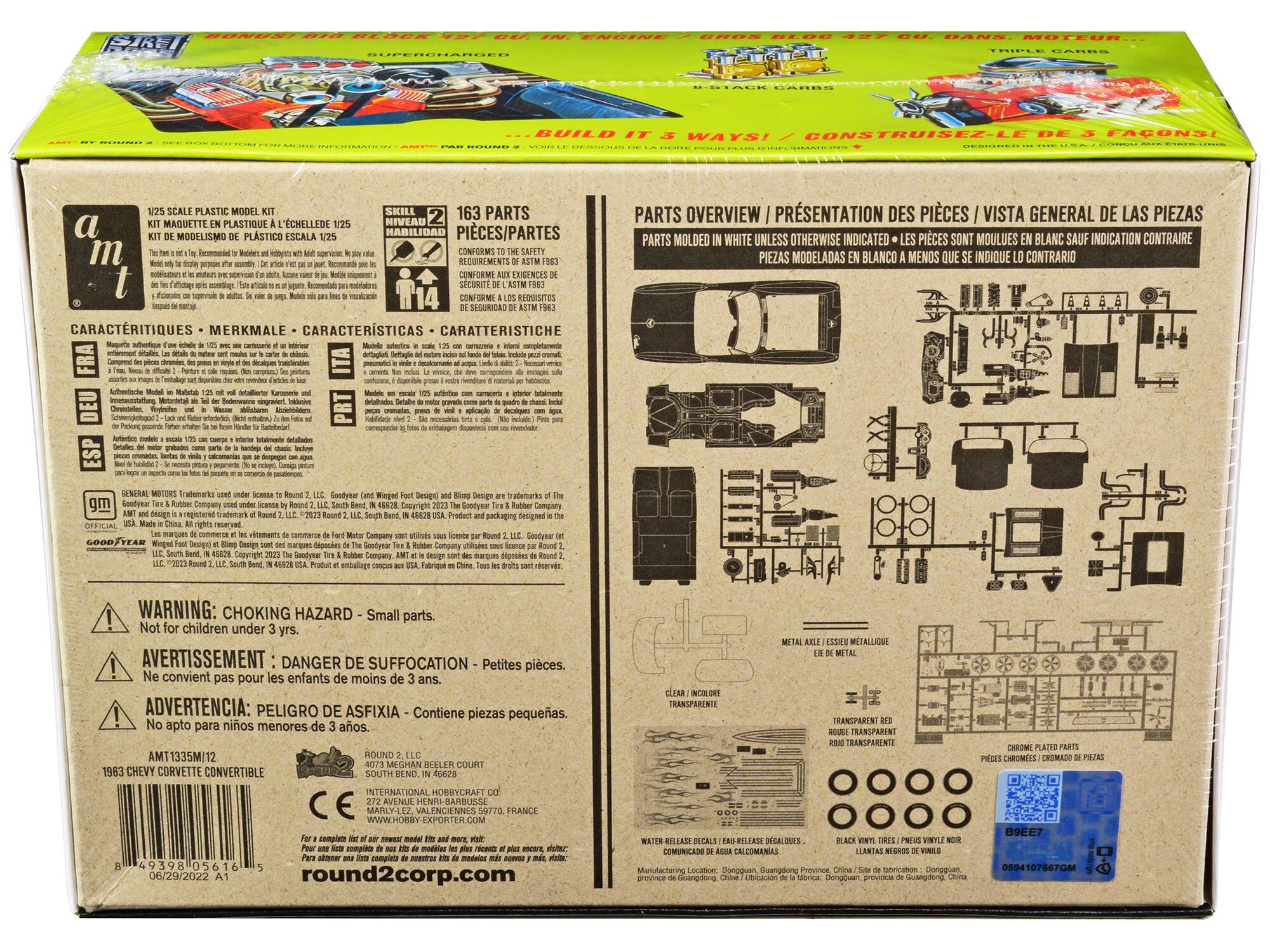 Sure, here is the corrected and grouped text from the image:

---

**Front Side:**

- **Round 2 Corporation**
- **1/25 Scale Plastic Model Kit**
- **163 Parts**
- **Skill Level: 4**
- **Build It 3 Ways! / Construisez-le de 3 façons!**
- **Conforms to Safety Requirements of ASTM F963 / Conforme aux exigences de sécurité ASTM F963 / Seguridad de acuerdo con ASTM F963 / Conforme alle norme di sicurezza ASTM F963 / Conforme a las normas de seguridad ASTM F963**
- **General Motors Trademarks used under license to Round 2, LLC. Goodyear (and Wingfoot Design) and Blimp Design are trademarks of The Goodyear Tire & Rubber Company. AMT and design are registered trademarks of Round 2, LLC, South Bend, IN 46528. Copyright 2023 The Goodyear Tire & Rubber Company. AMT and design are trademarks of The Goodyear Tire & Rubber Company. AMT and design are trademarks of The Goodyear Tire & Rubber Company. AMT and