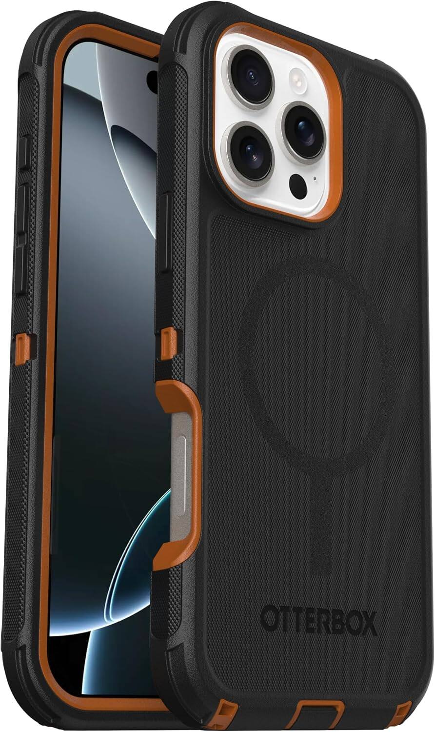 Alt View 4. OtterBox - OtterBox iPhone 16 Pro Max (Only) - Defender Series Case - Holster Clip Included - Built-in Magnets - Rugged & Durable - Iron Eclipse (Black & Orange).
