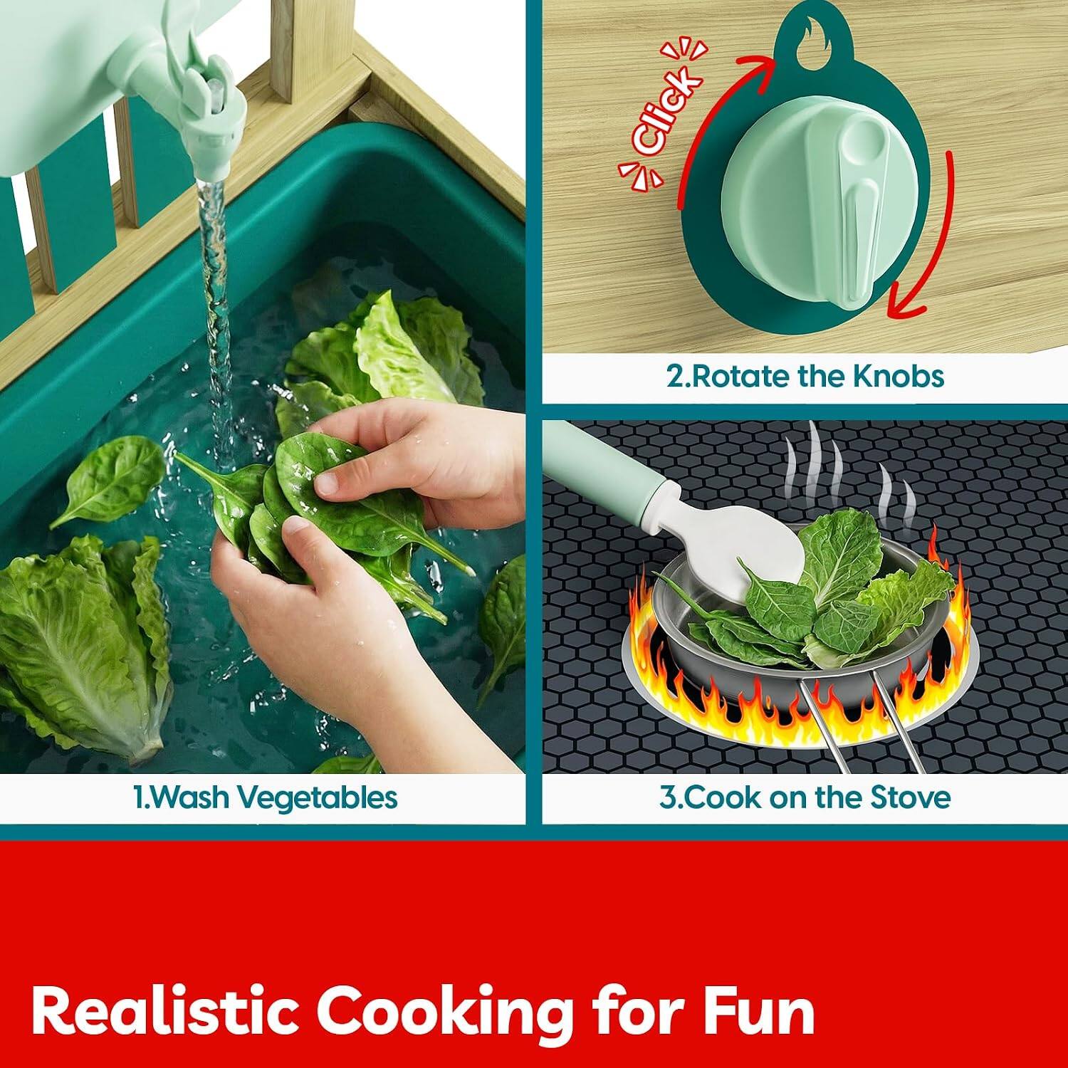 1. Wash Vegetables  
2. Rotate the Knobs  
3. Cook on the Stove  

Realistic Cooking for Fun