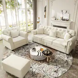 Anysun - 4-Seat Velvet Chesterfield Sofa Set (1+3) w/ Nailhead, Rolled Armrests, Button Tufted, 1 Ottoman, Mid-Century - White