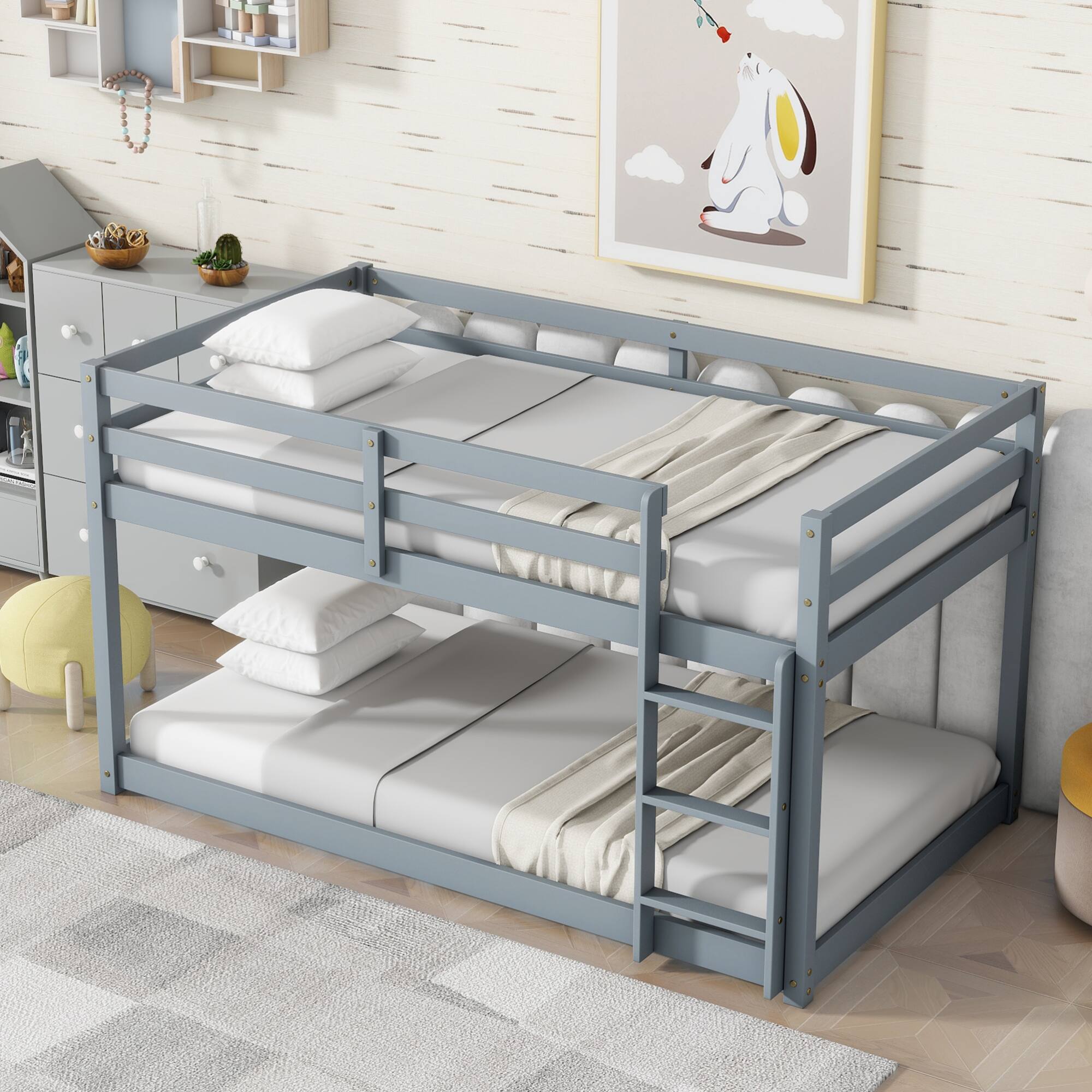 Alt View 7. GOODSILO - Solid Wood Twin Over Twin Floor Bunk Bed with Ladder and Strengthened Slats for Enhanced Stability - Grey.