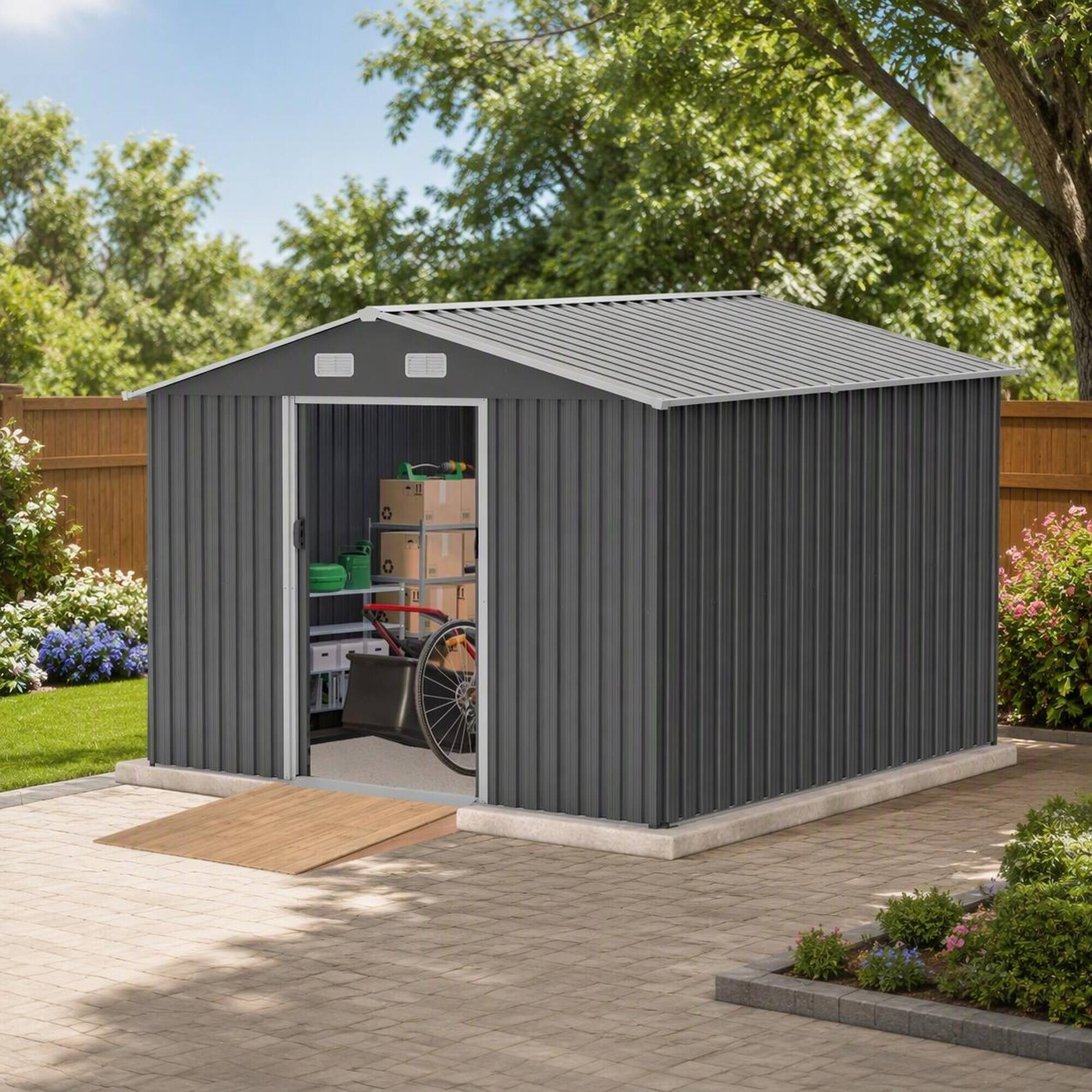 Angle. RYHNUYNE - 10x8 ft Steel Shed Sliding Doors Galvanized Garden Tool Shed Patio Backyard Grey - Gray.