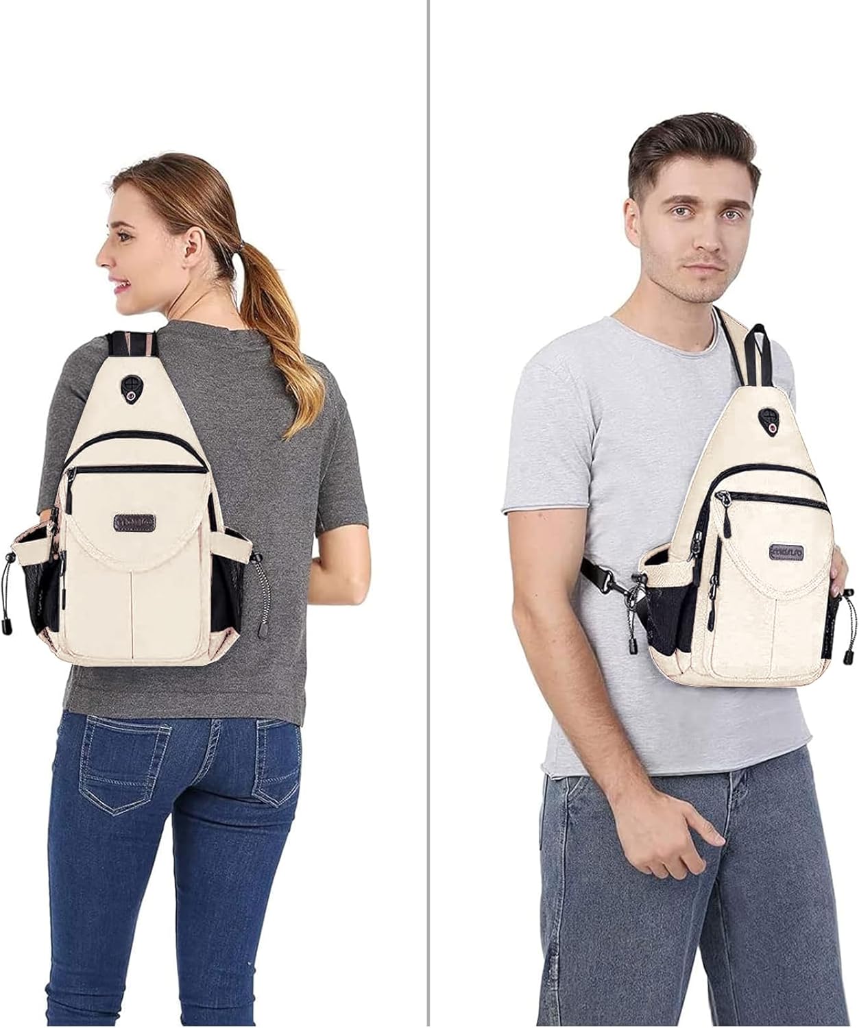 Alt View 3. mosiso - Sling Backpack Canvas Crossbody Hiking Daypack Bag with Anti-theft Pocket - Beige.